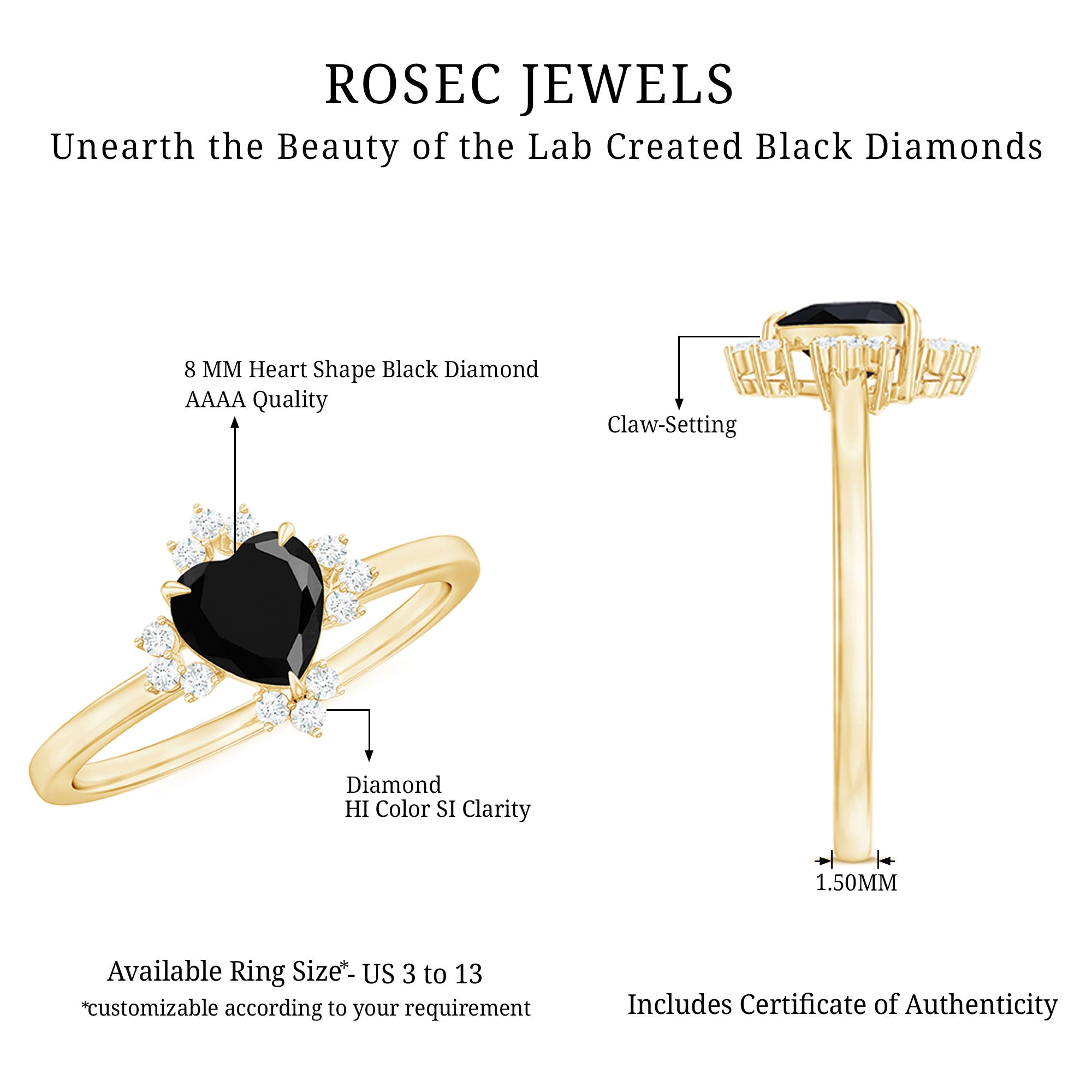 Certified 2.4 Carat Lab Grown Black Diamond Heart Engagement Ring with White Diamond AAAA ( Synthetic ) - Rosec Jewels