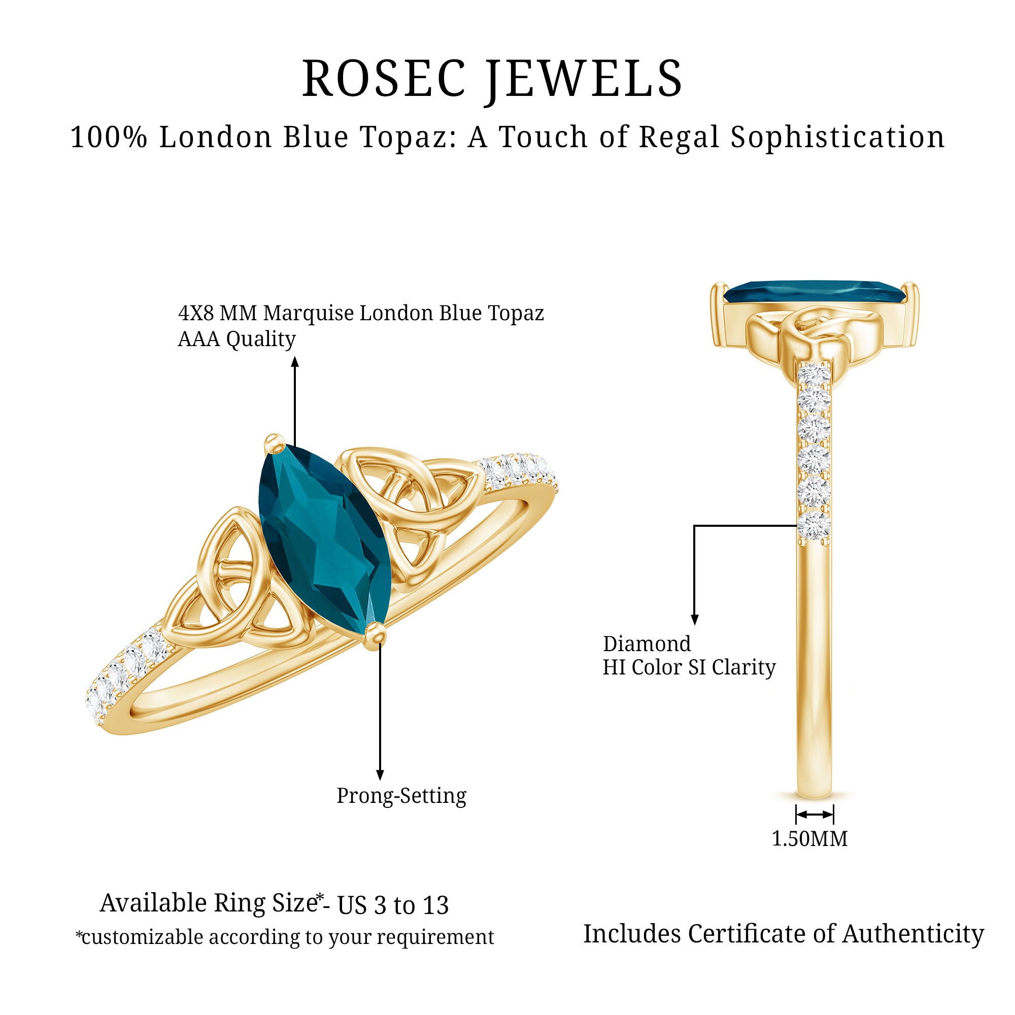 4x8mm Marquise Cut London Blue Topaz Celtic Engagement Ring with Diamond AAA - Rosec Jewels
