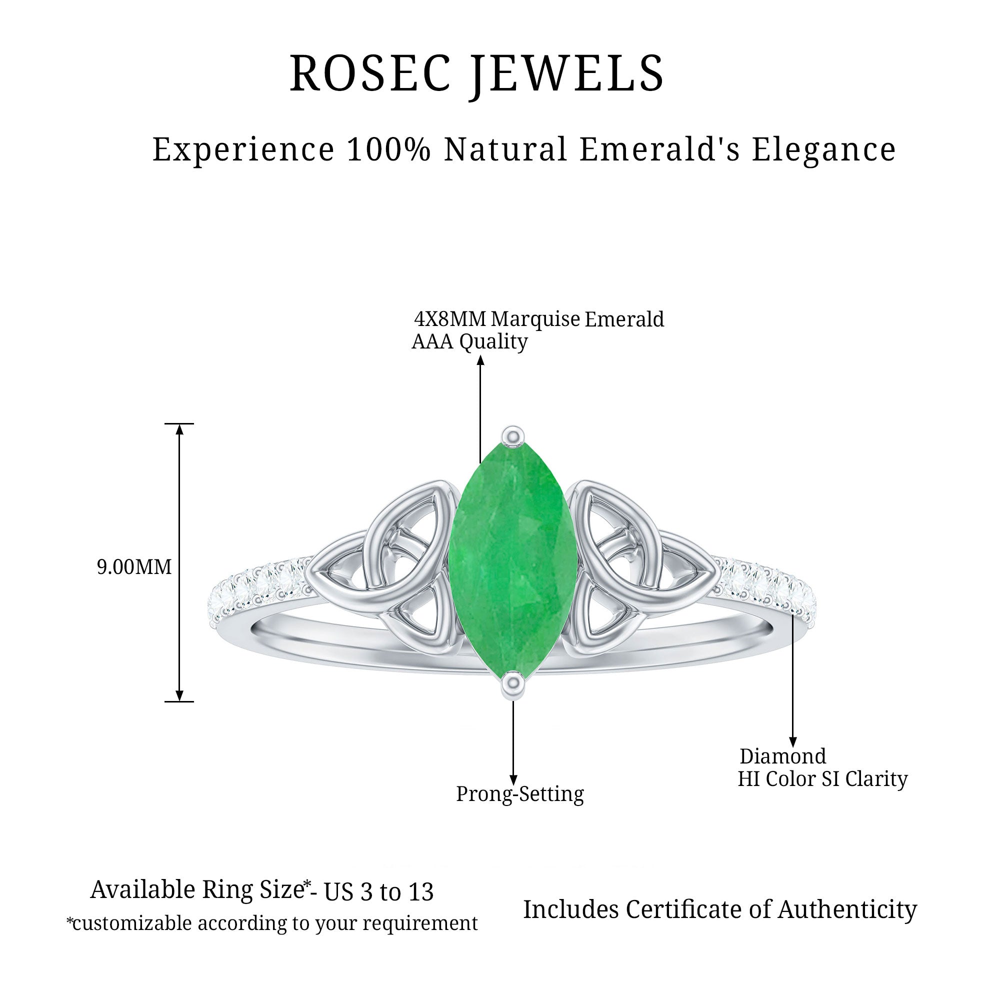 Rosec Jewels-Marquise Cut Emerald Celtic Knot Engagement Ring with Diamonds