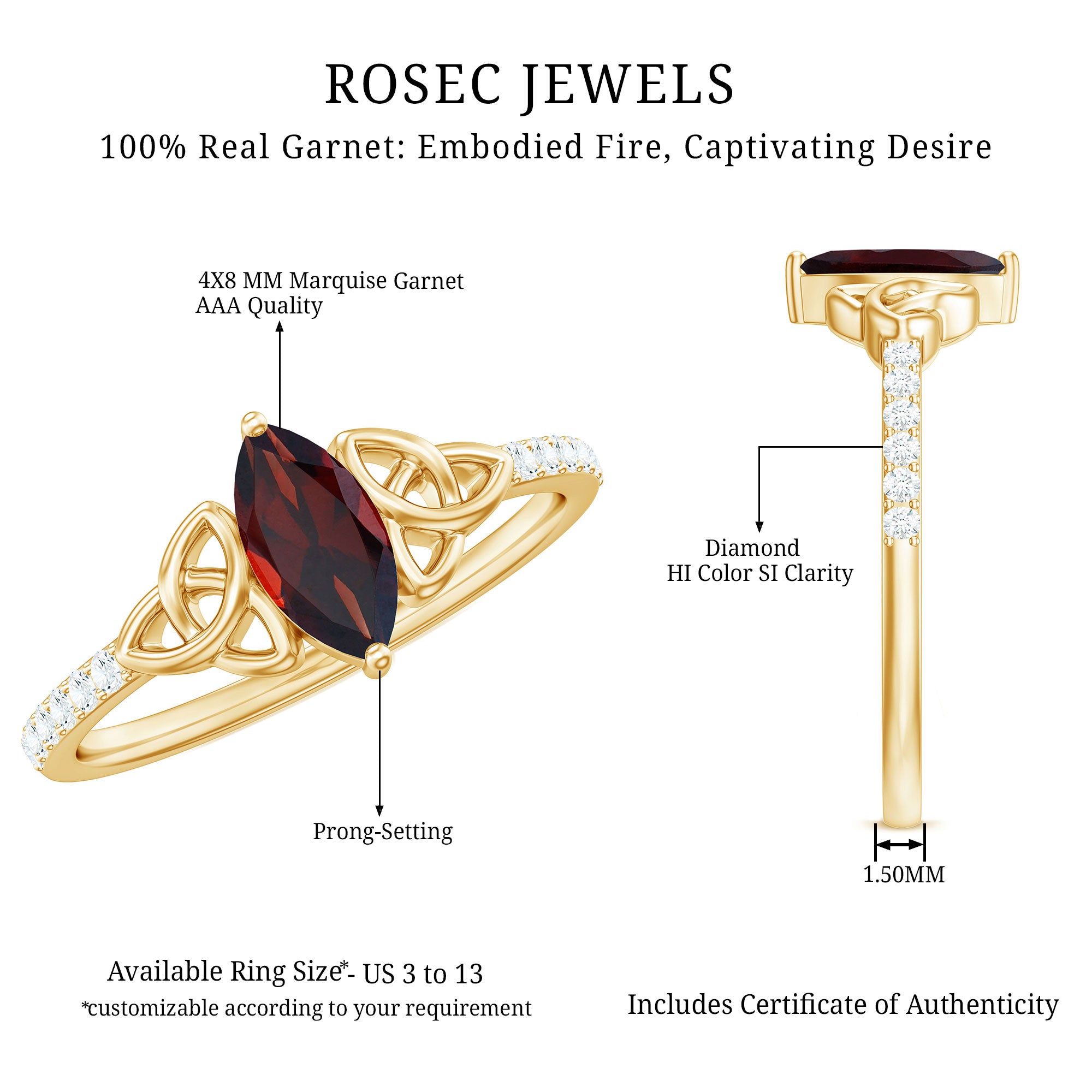 Real Garnet Diamond Marquise Engagement Ring with Celtic Knot AAA - Rosec Jewels