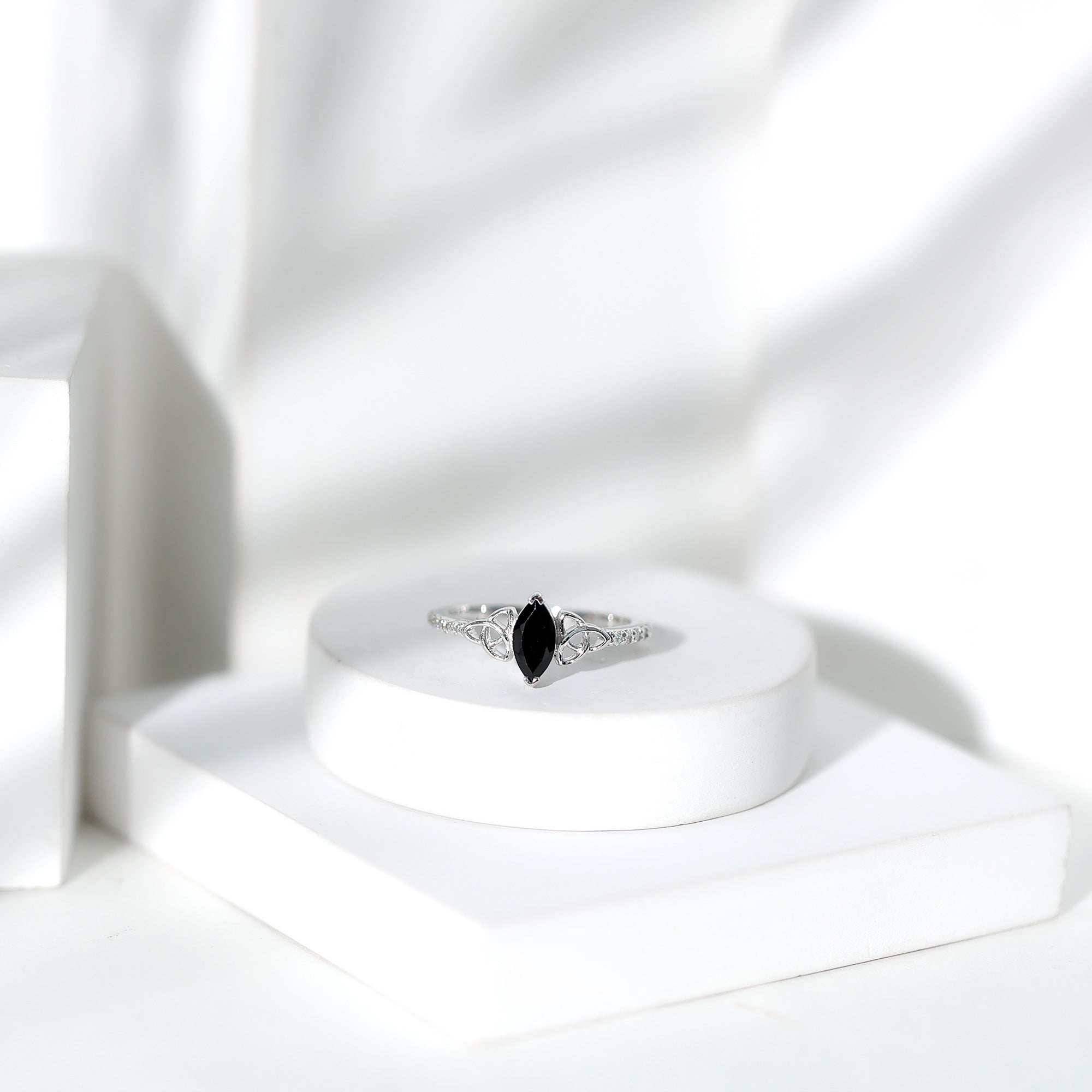 0.8 Carat Lab Grown Black and White Diamond Marquise Engagement Ring with Celtic Knot AAAA ( Synthetic ) - Rosec Jewels