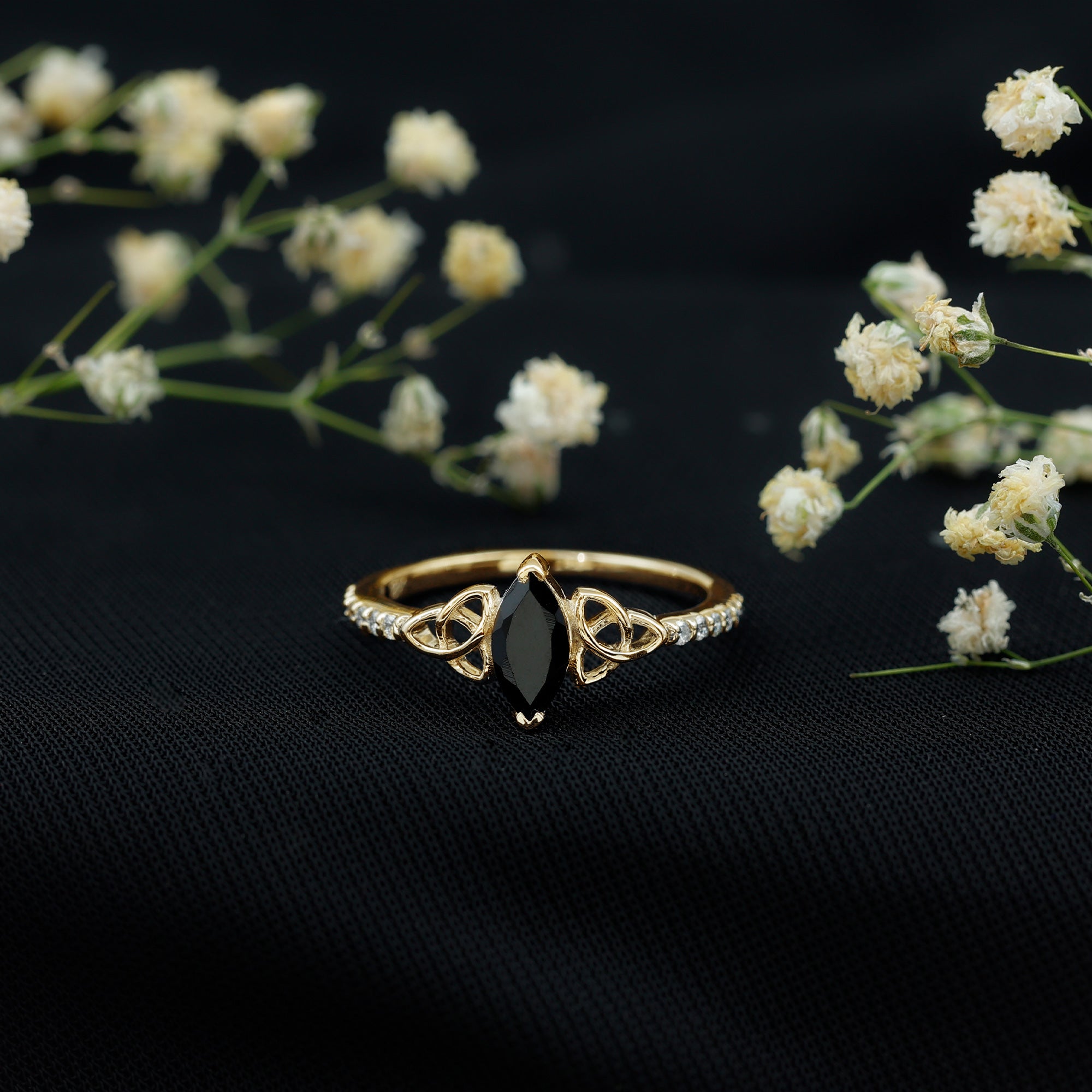 0.8 Carat Lab Grown Black and White Diamond Marquise Engagement Ring with Celtic Knot AAAA ( Synthetic ) - Rosec Jewels