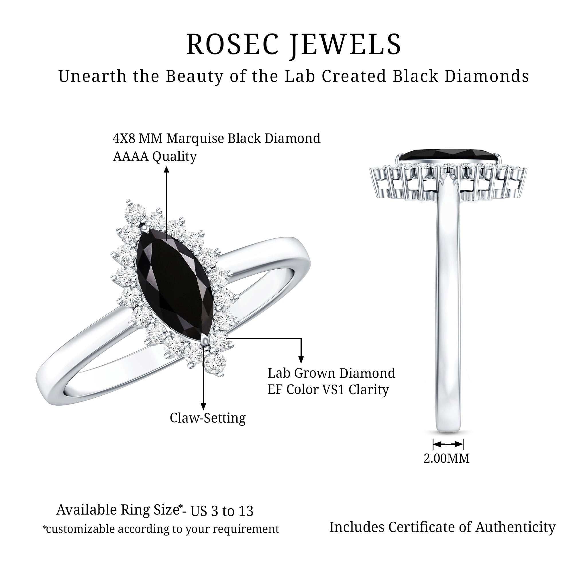 Certified 0.8 Carat Lab Grown Black Diamond Marquise Engagement Ring with Halo AAAA ( Synthetic ) - Rosec Jewels