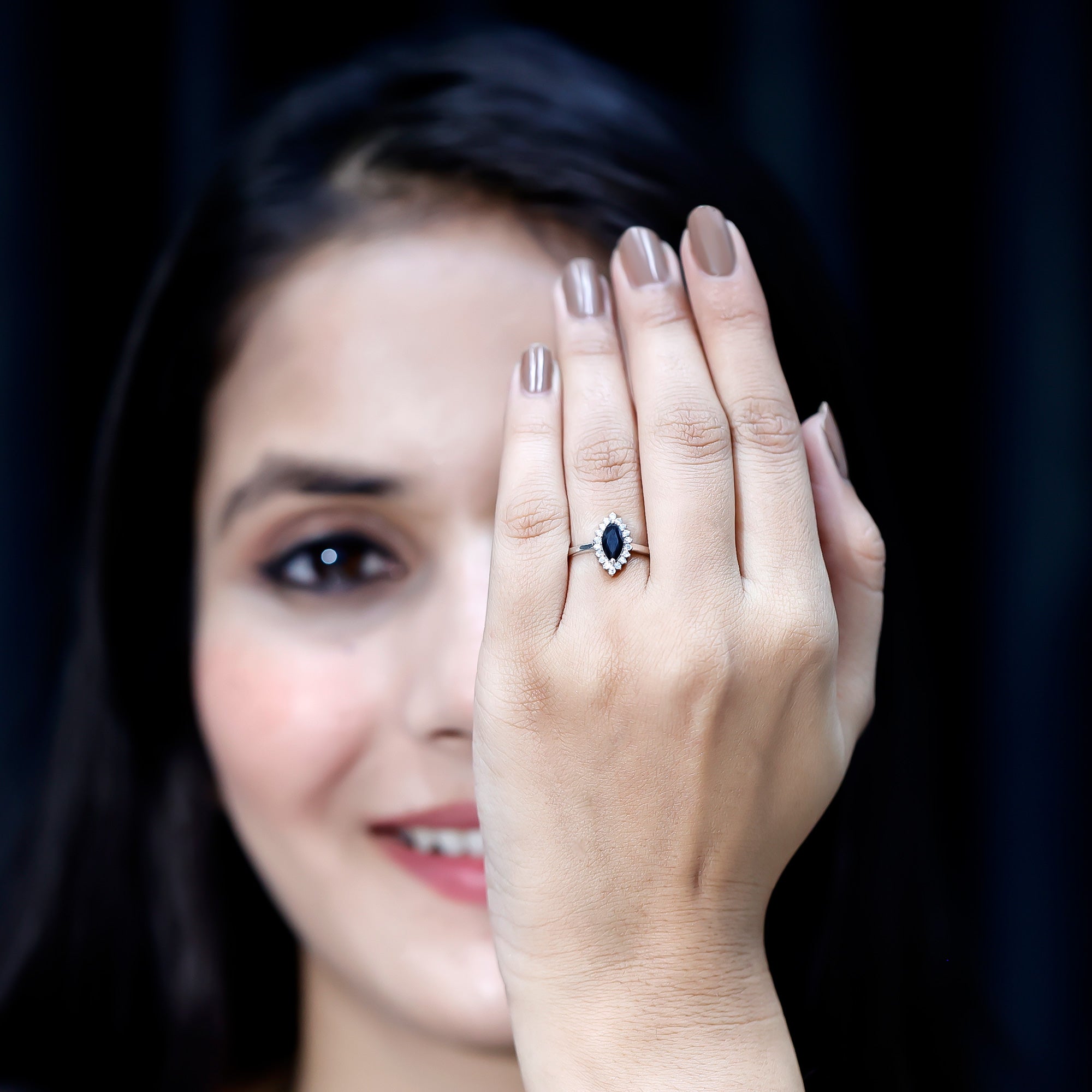 Certified 0.8 Carat Lab Grown Black Diamond Marquise Engagement Ring with Halo AAAA ( Synthetic ) - Rosec Jewels