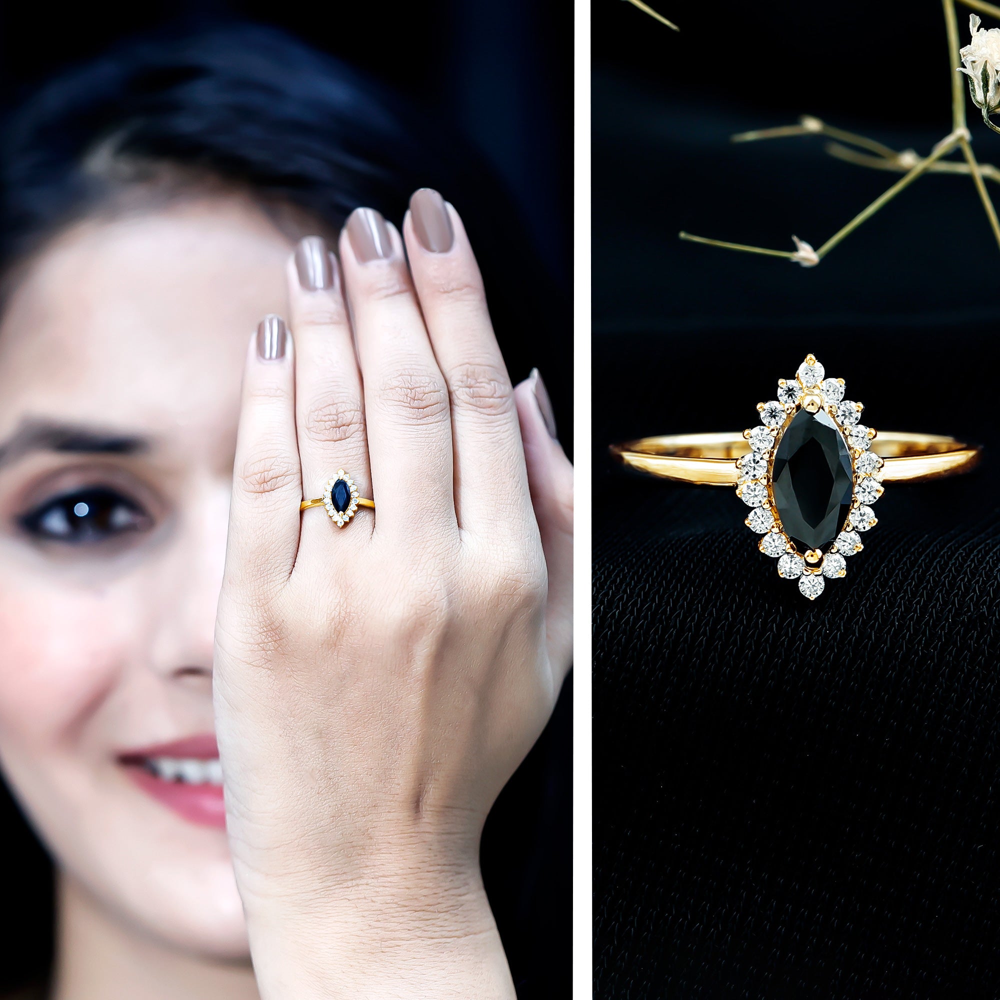 Certified 0.8 Carat Lab Grown Black Diamond Marquise Engagement Ring with Halo AAAA ( Synthetic ) - Rosec Jewels