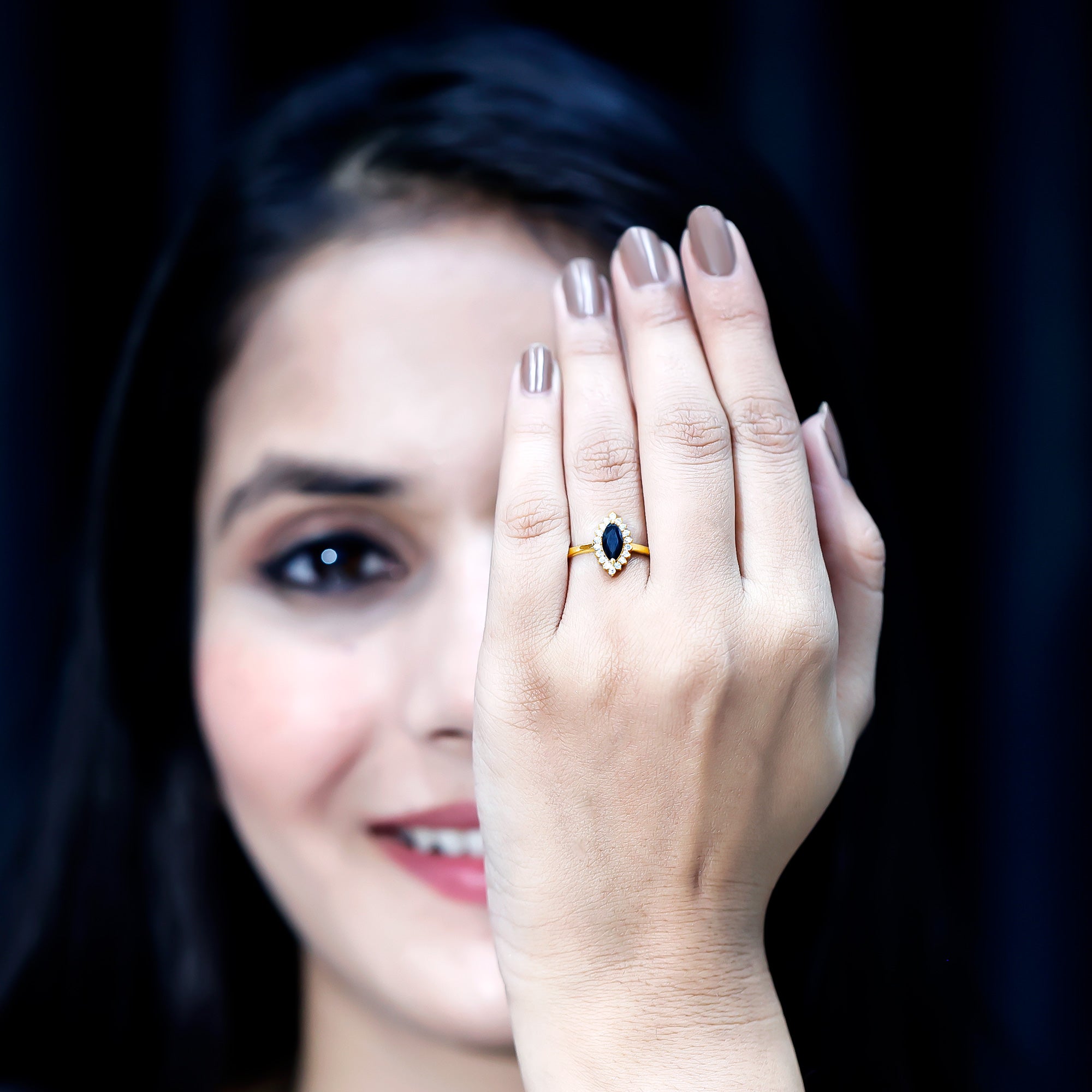 Certified 0.8 Carat Lab Grown Black Diamond Marquise Engagement Ring with Halo AAAA ( Synthetic ) - Rosec Jewels