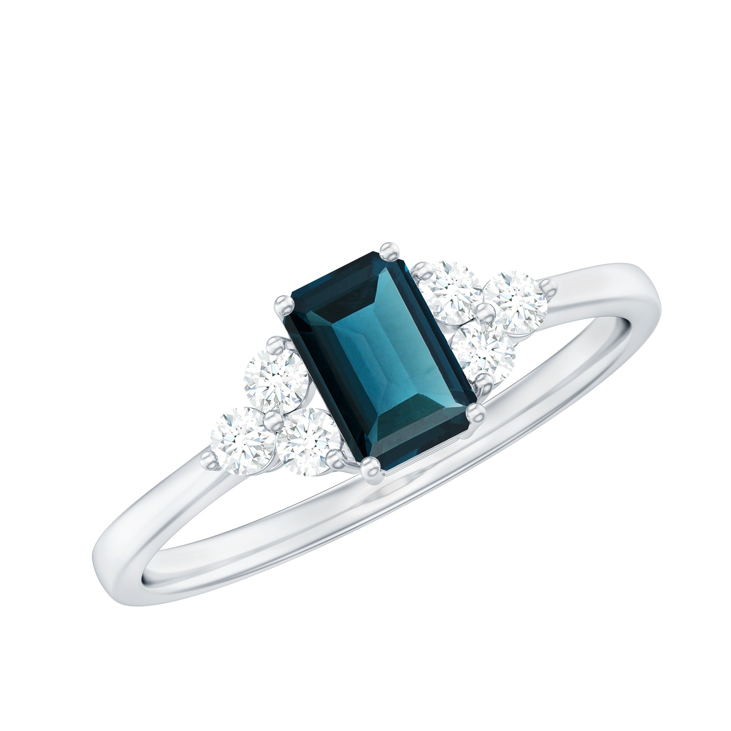 Rosec Jewels-Emerald Cut London Blue Topaz Engagement Ring with Diamond Trio
