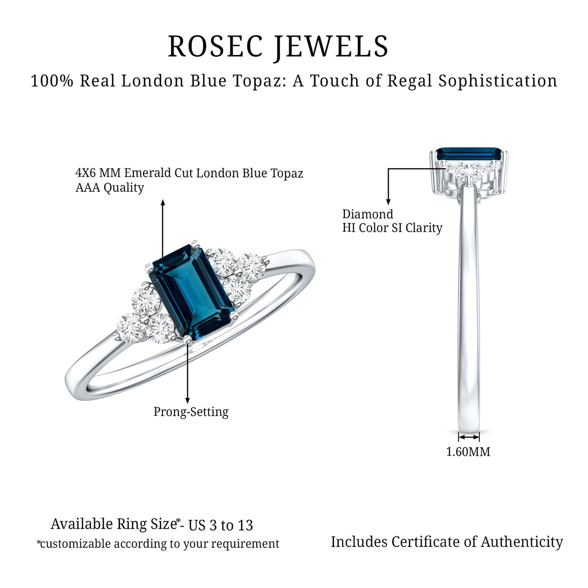 Emerald Cut London Blue Topaz Engagement Ring with Diamond Trio AAA - Rosec Jewels