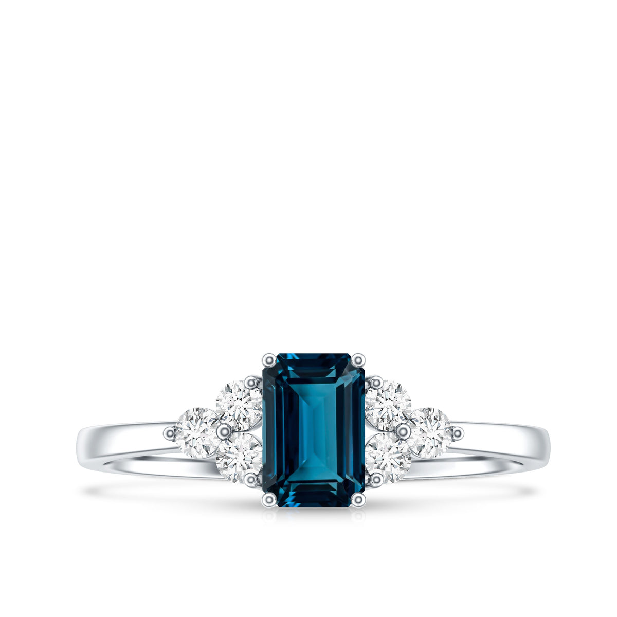 Emerald Cut London Blue Topaz Engagement Ring with Diamond Trio AAA - Rosec Jewels