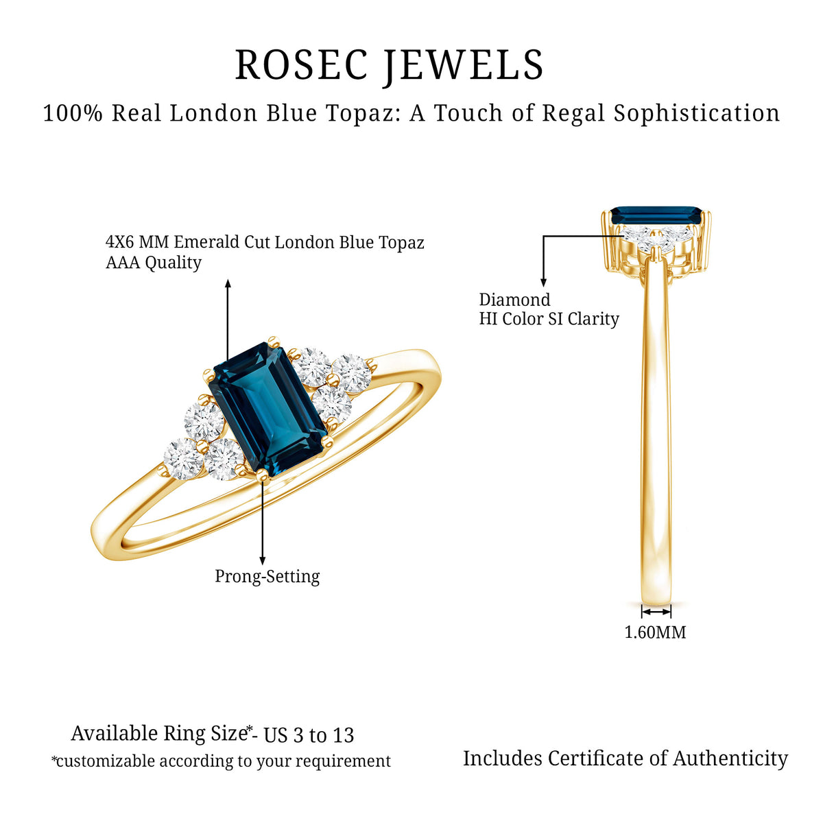 Emerald Cut London Blue Topaz Engagement Ring with Diamond Trio AAA - Rosec Jewels
