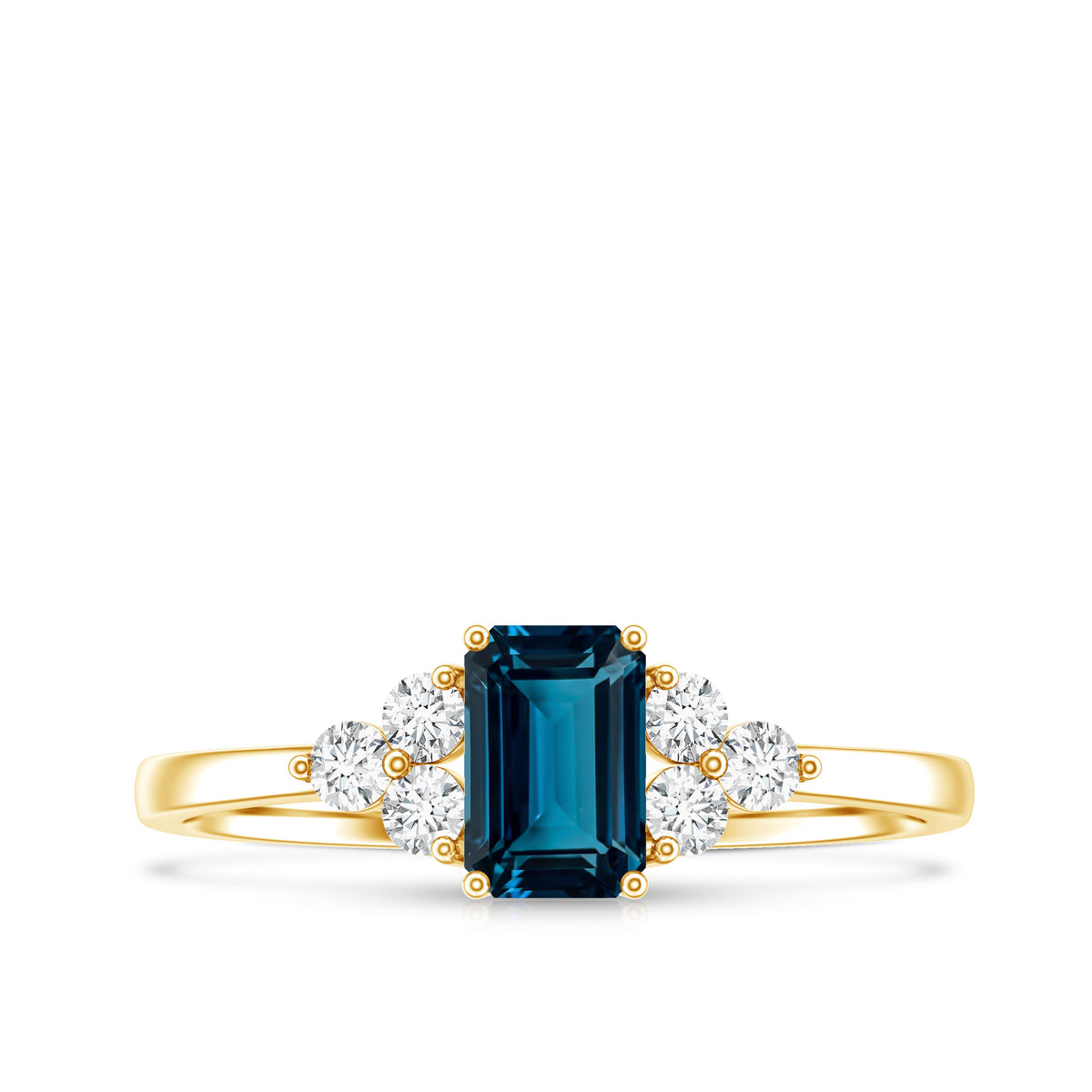 Emerald Cut London Blue Topaz Engagement Ring with Diamond Trio AAA - Rosec Jewels