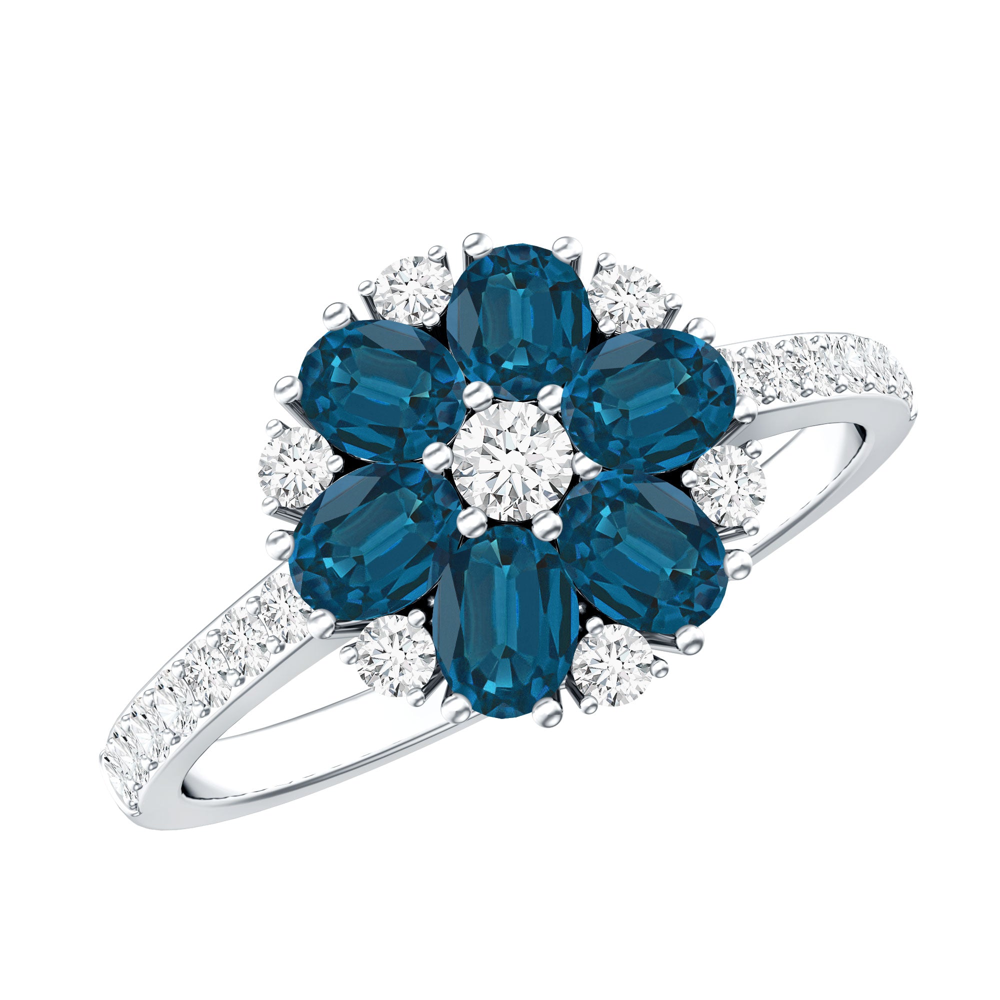 Natural London Blue Topaz Flower Engagement Ring with Diamond AAA - Rosec Jewels