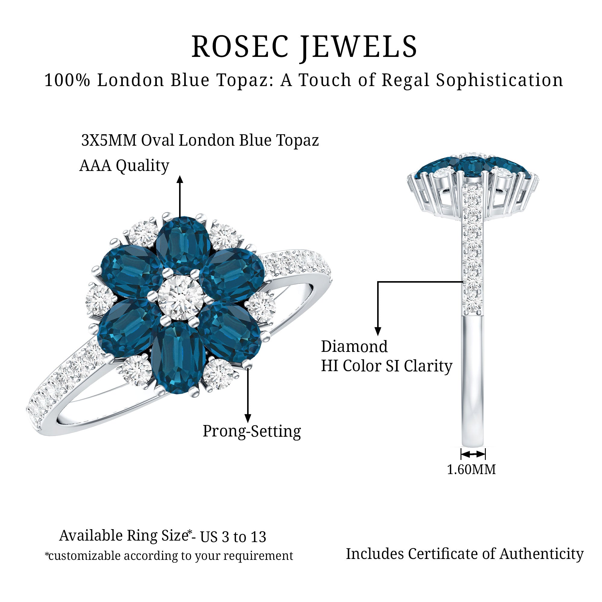 Natural London Blue Topaz Flower Engagement Ring with Diamond AAA - Rosec Jewels