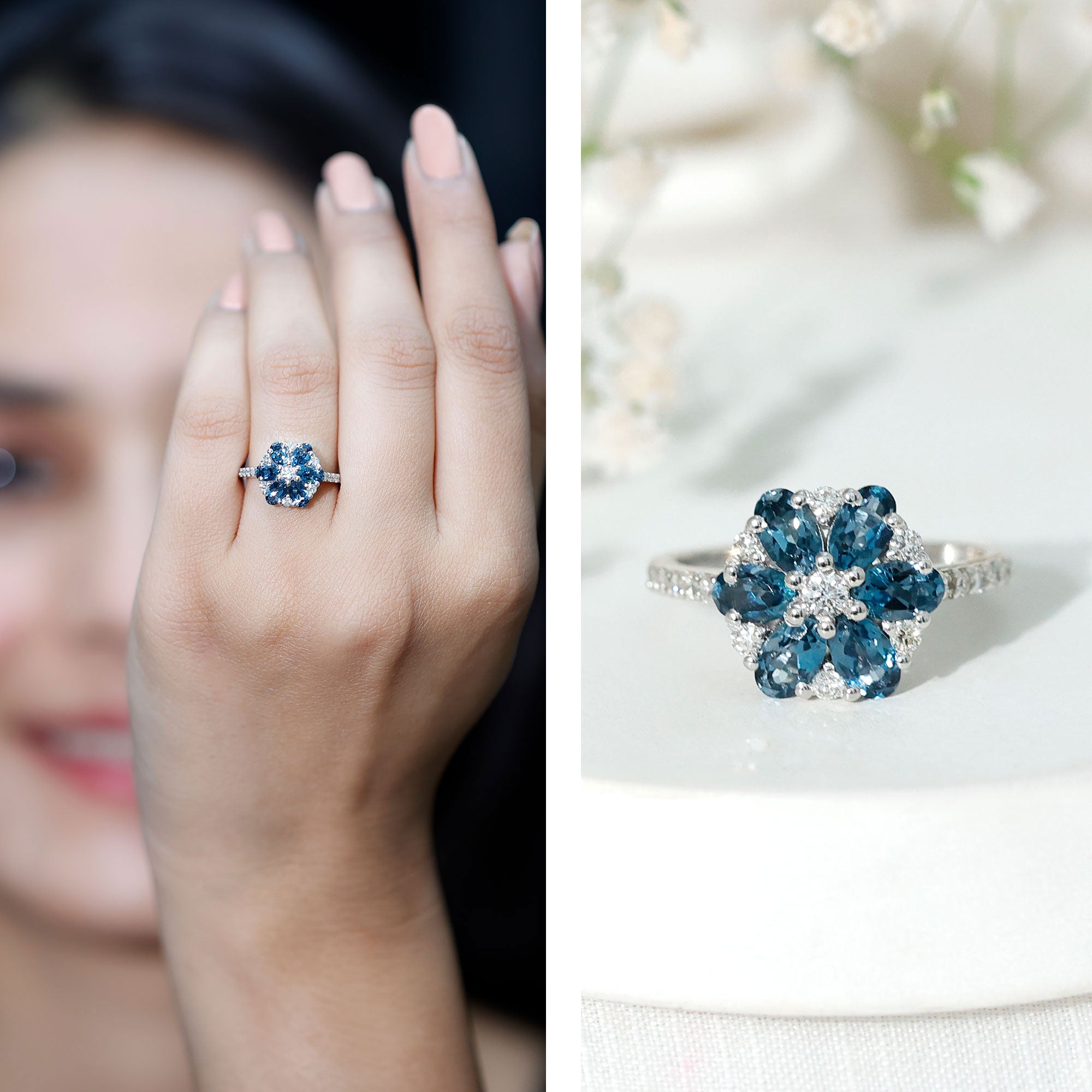 Natural London Blue Topaz Flower Engagement Ring with Diamond AAA - Rosec Jewels