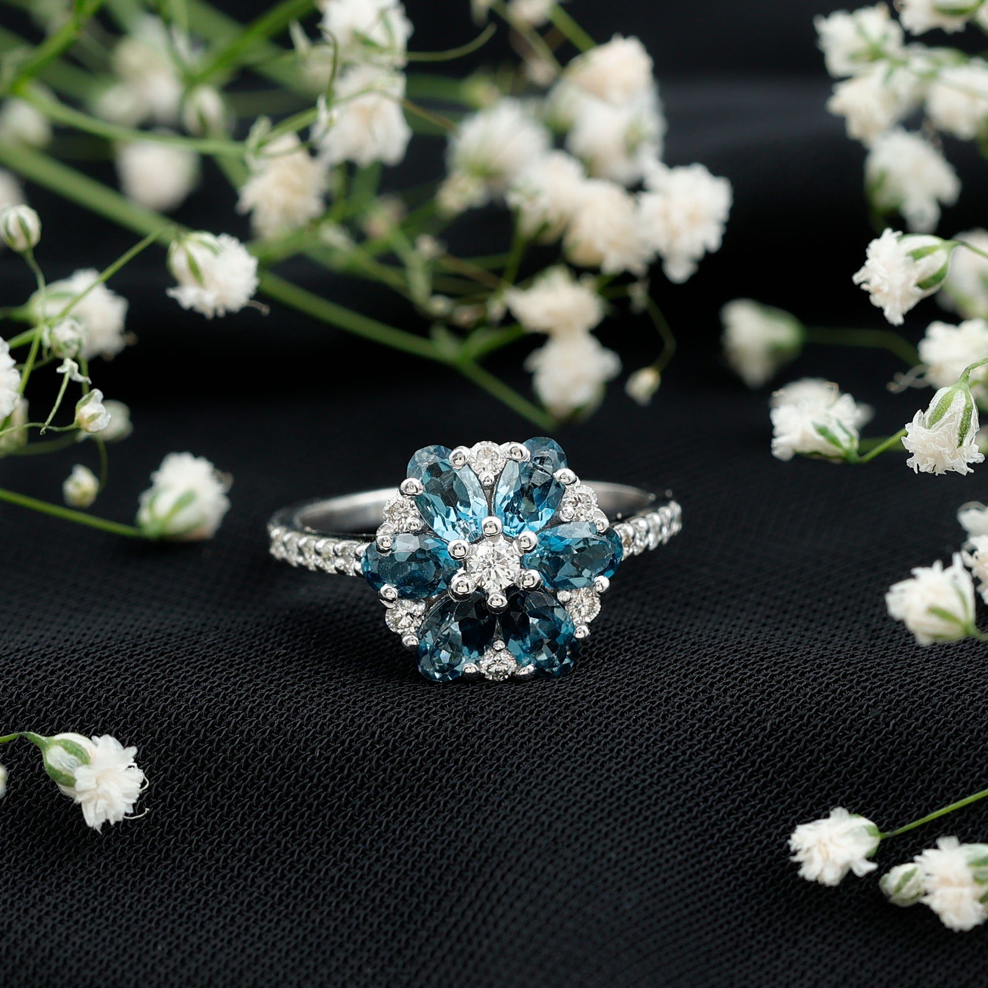 Natural London Blue Topaz Flower Engagement Ring with Diamond AAA - Rosec Jewels