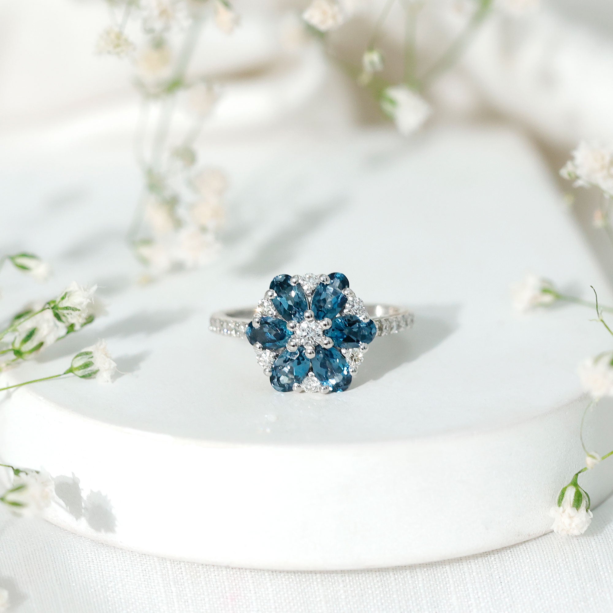 Natural London Blue Topaz Flower Engagement Ring with Diamond AAA - Rosec Jewels