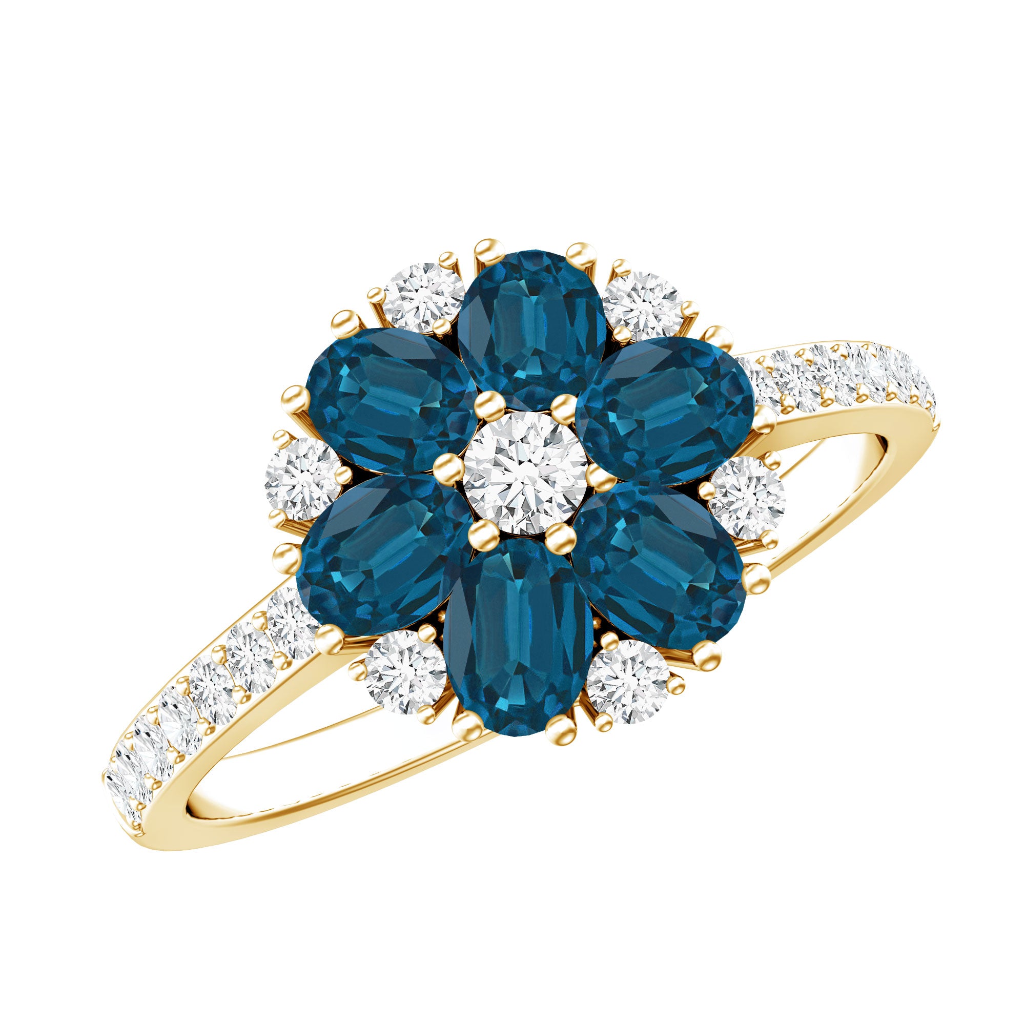 Natural London Blue Topaz Flower Engagement Ring with Diamond AAA - Rosec Jewels