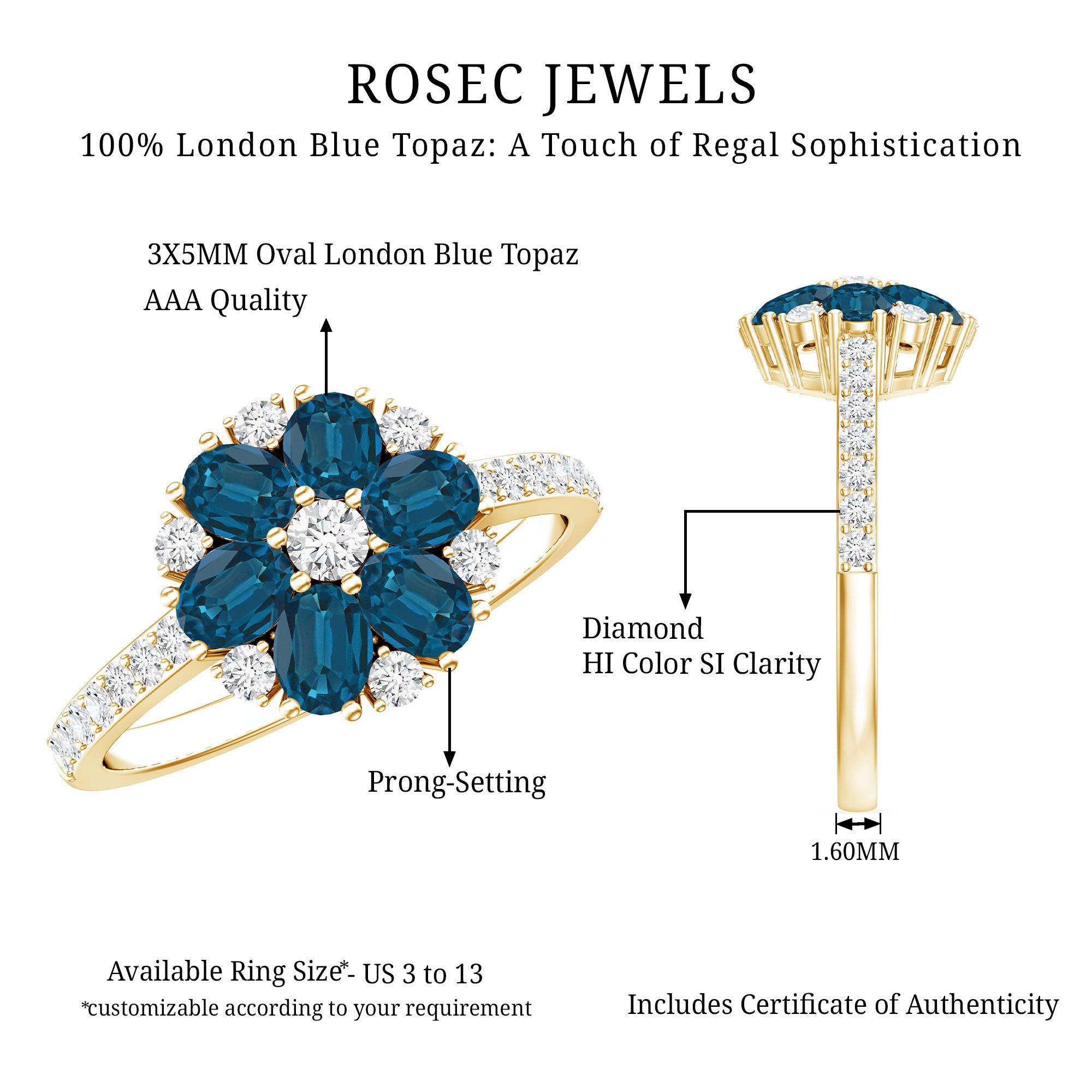 Natural London Blue Topaz Flower Engagement Ring with Diamond AAA - Rosec Jewels