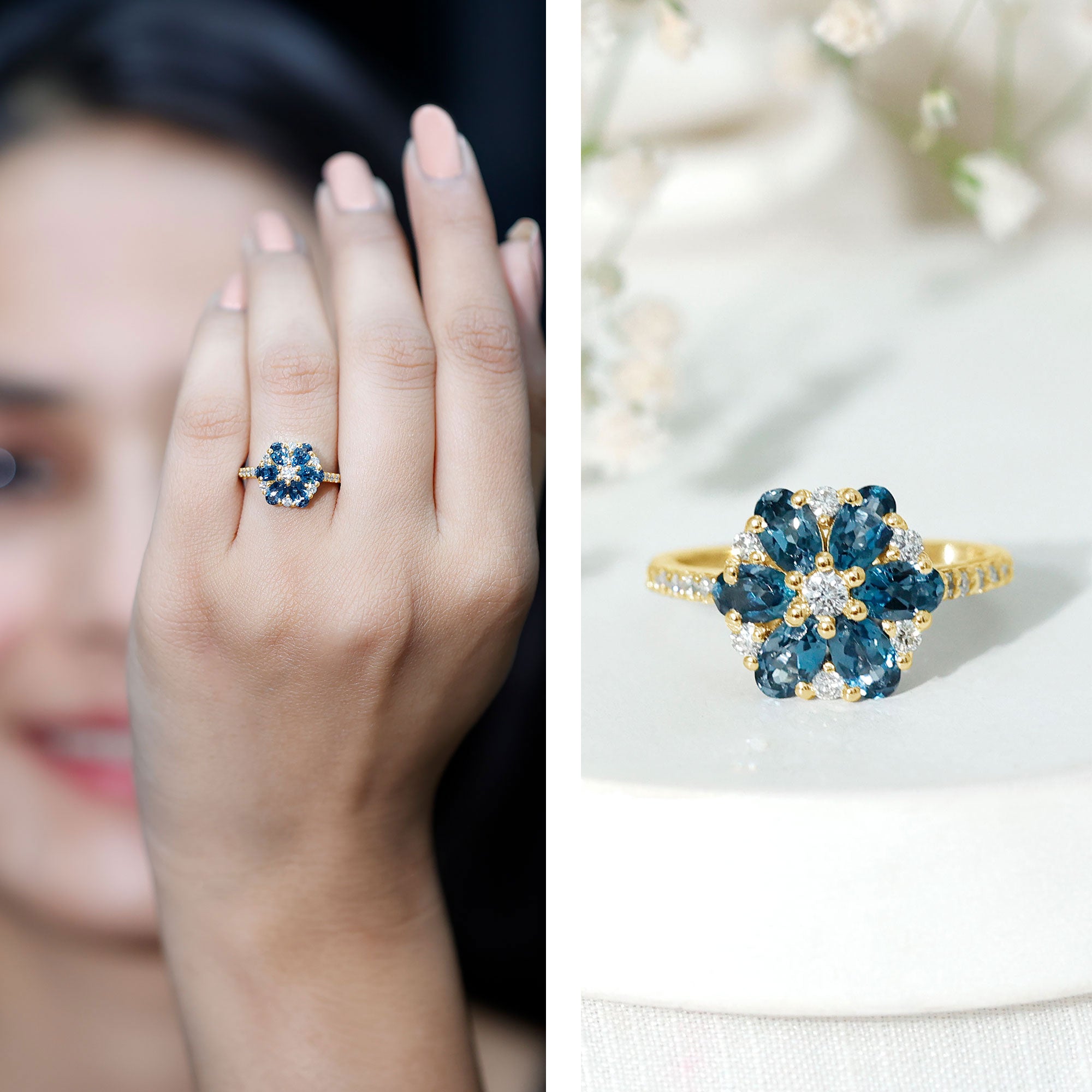 Natural London Blue Topaz Flower Engagement Ring with Diamond AAA - Rosec Jewels