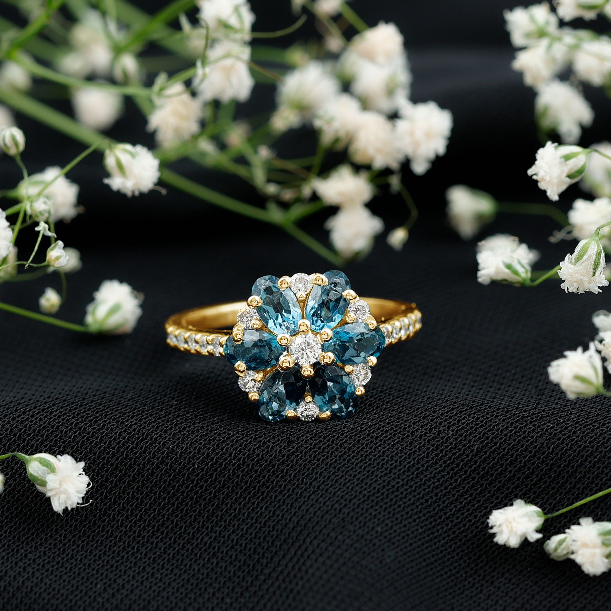 Natural London Blue Topaz Flower Engagement Ring with Diamond AAA - Rosec Jewels