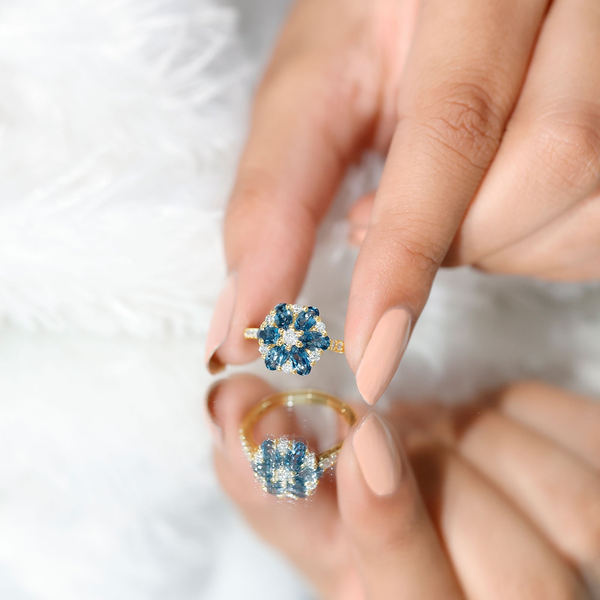 Natural London Blue Topaz Flower Engagement Ring with Diamond AAA - Rosec Jewels