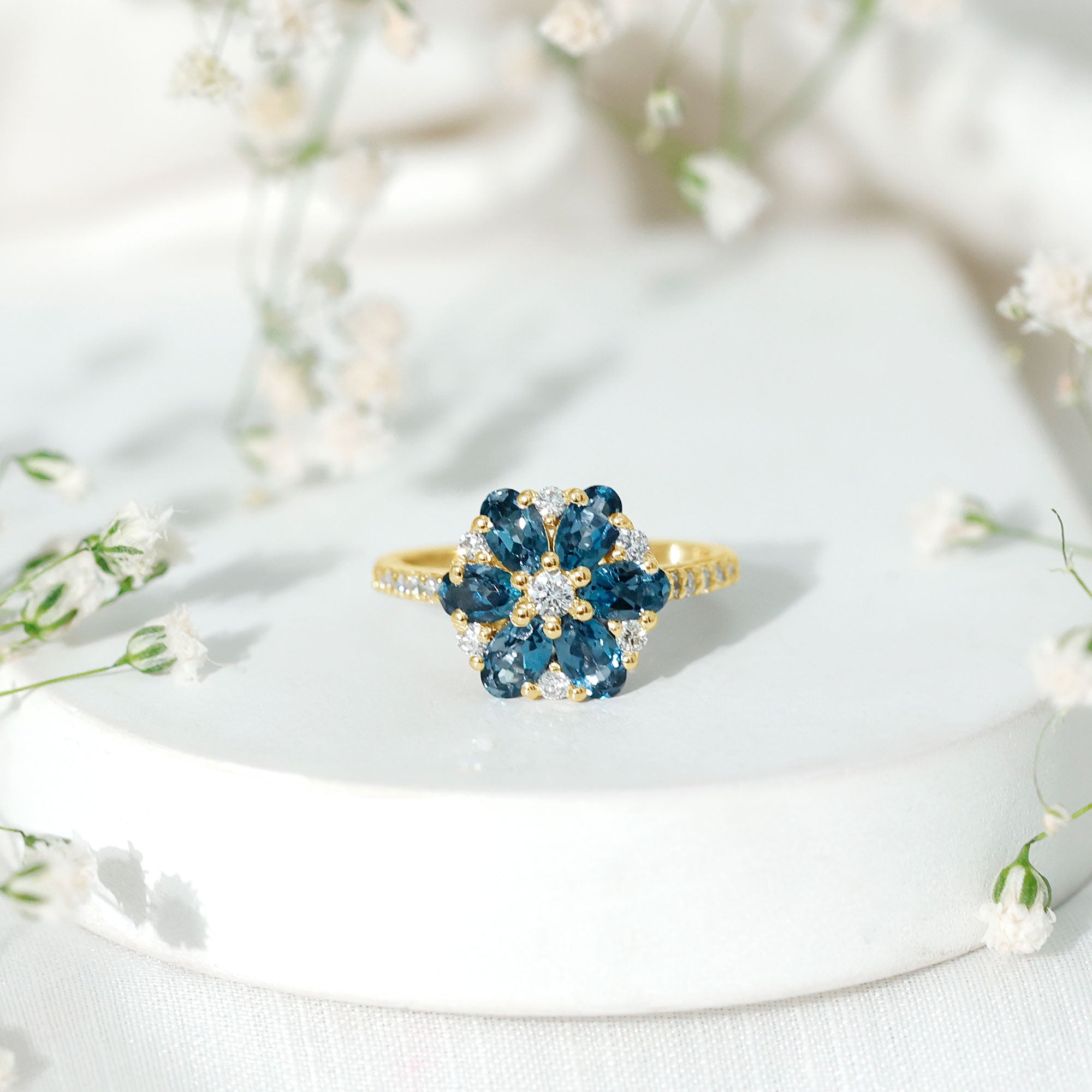 Natural London Blue Topaz Flower Engagement Ring with Diamond AAA - Rosec Jewels