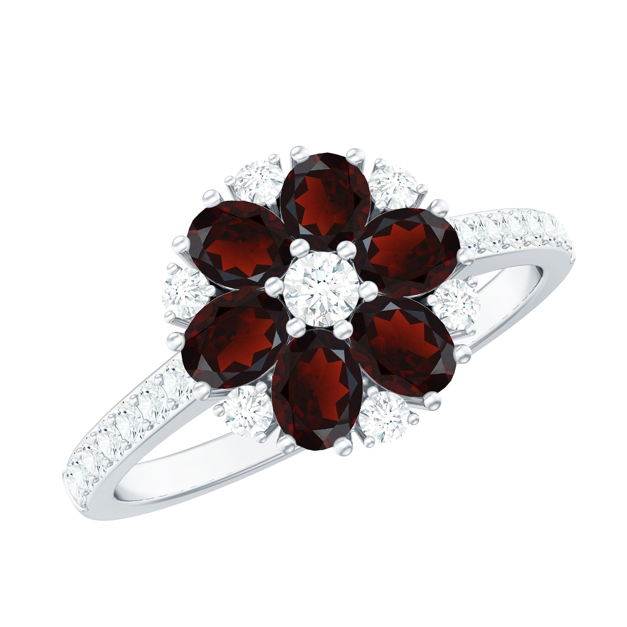 Natural Garnet Flower Engagement Ring with Diamond AAA - Rosec Jewels