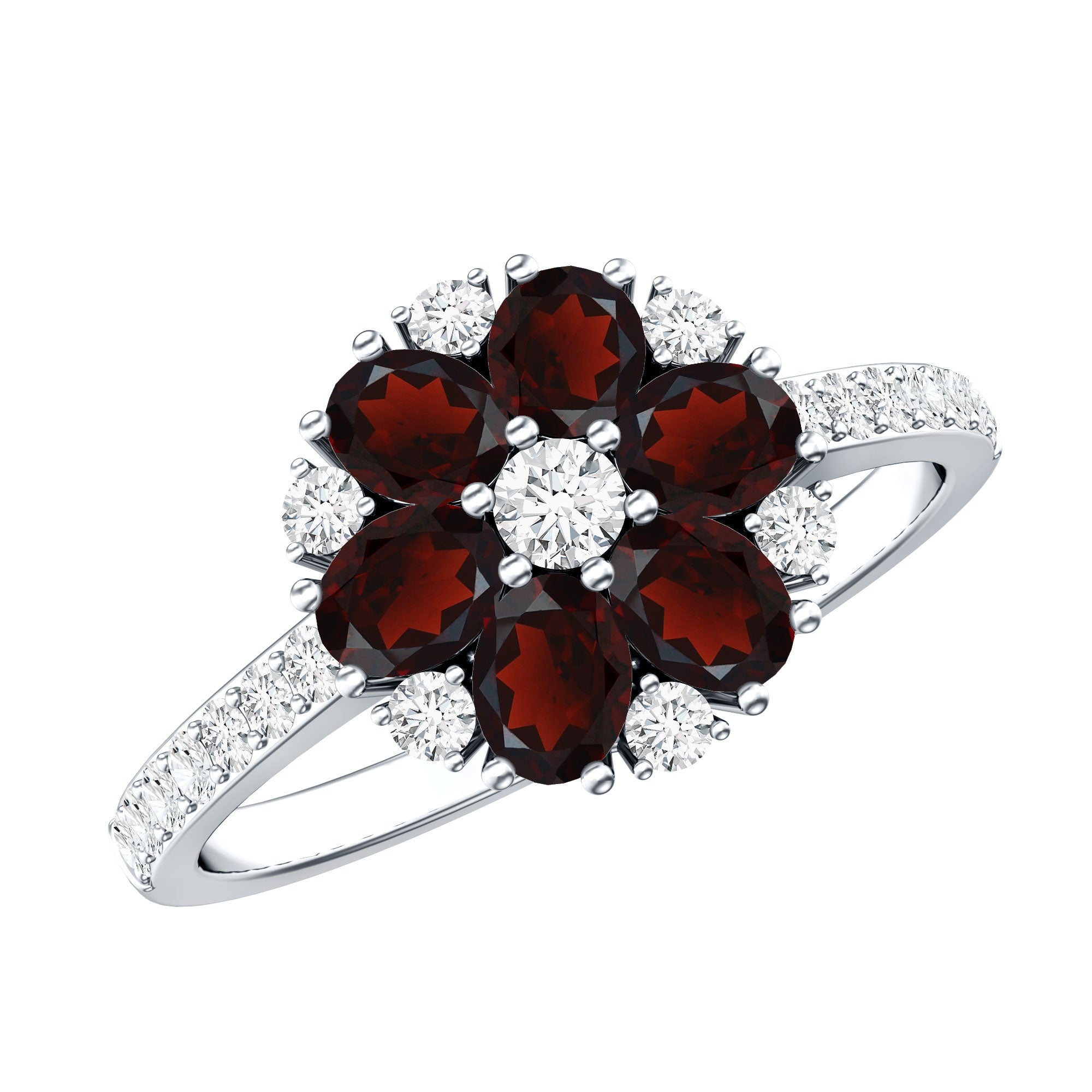 Natural Garnet Flower Engagement Ring with Diamond AAA - Rosec Jewels