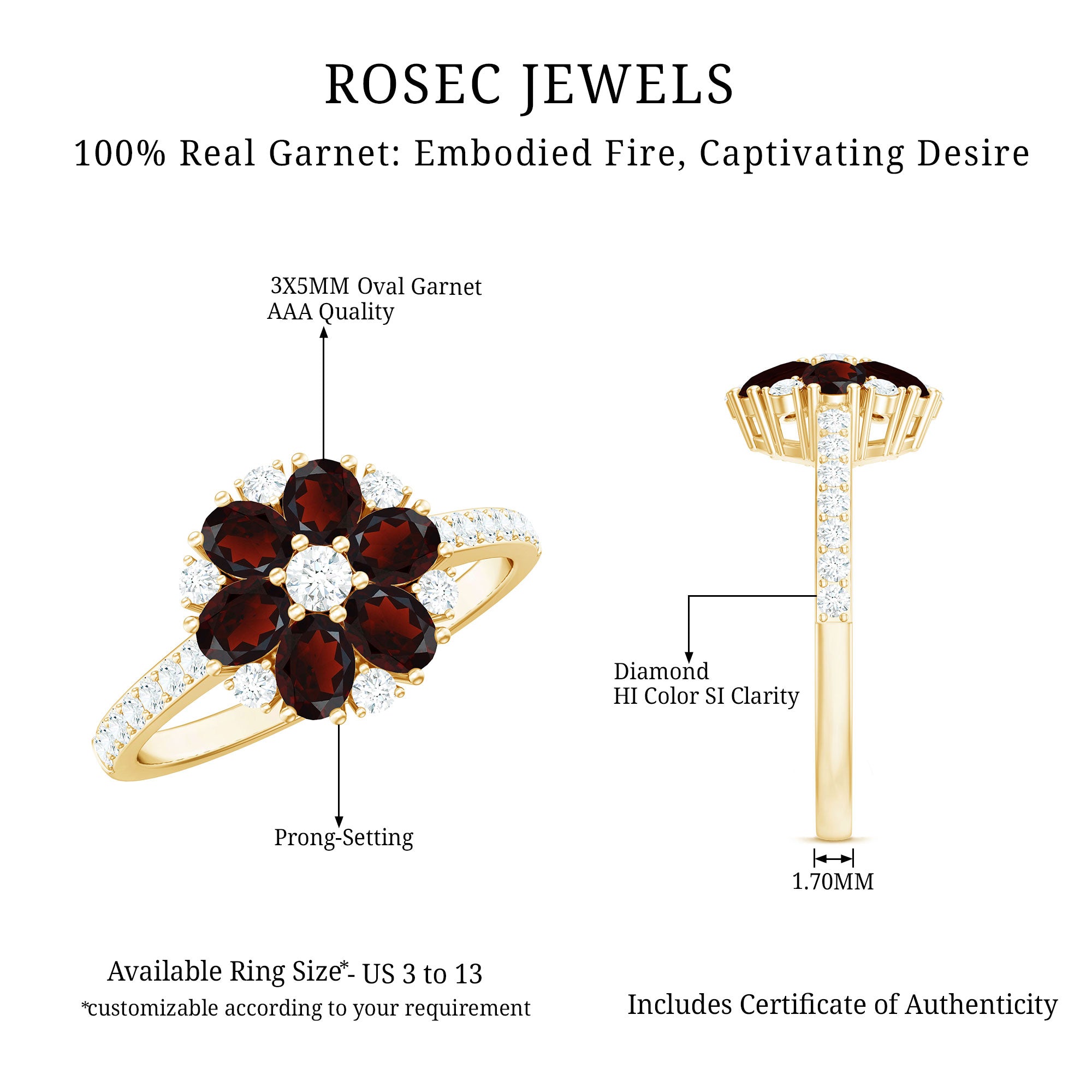 Natural Garnet Flower Engagement Ring with Diamond AAA - Rosec Jewels