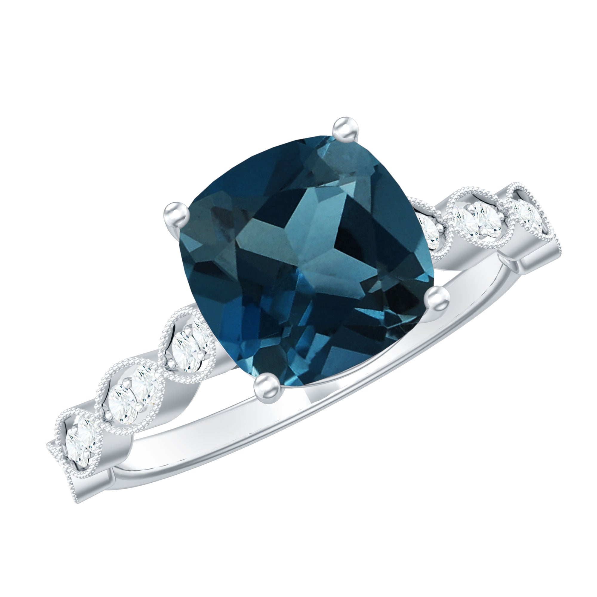 Cushion Cut London Blue Topaz Vintage Engagement Ring with Diamonds AAA - Rosec Jewels