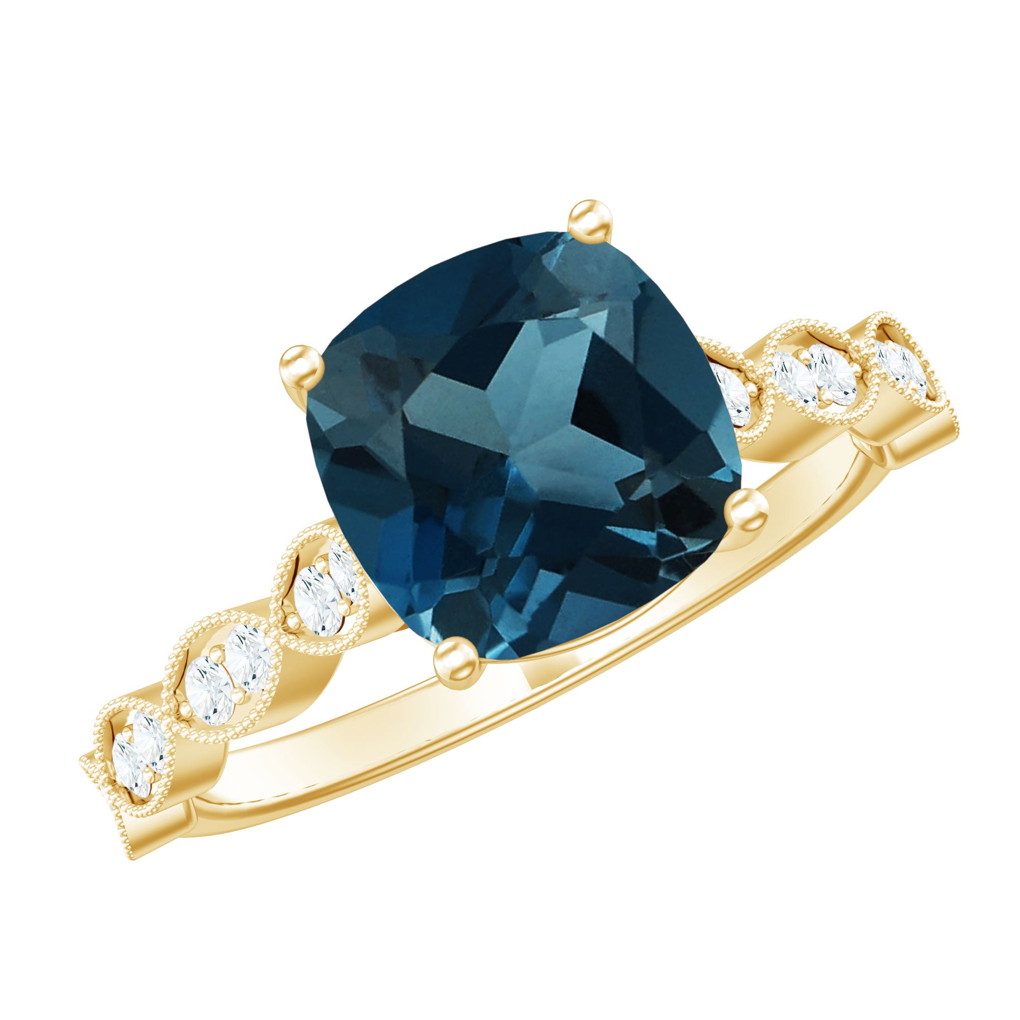 Cushion Cut London Blue Topaz Vintage Engagement Ring with Diamonds AAA - Rosec Jewels