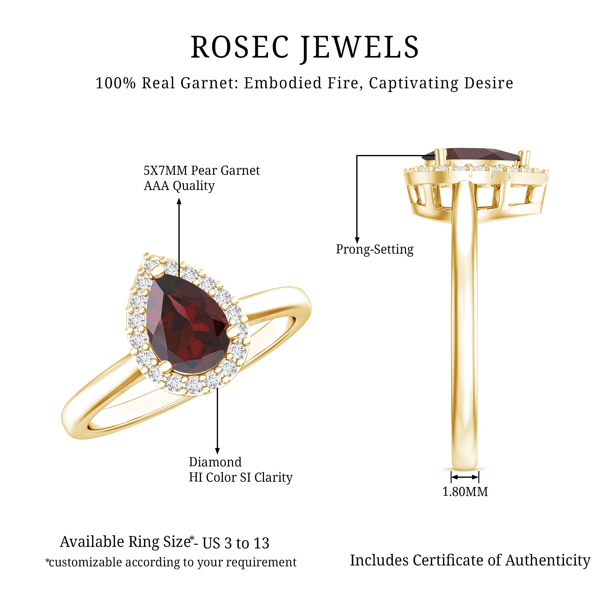 Classic Garnet Teardrop Engagement Ring with Diamond Halo AAA - Rosec Jewels