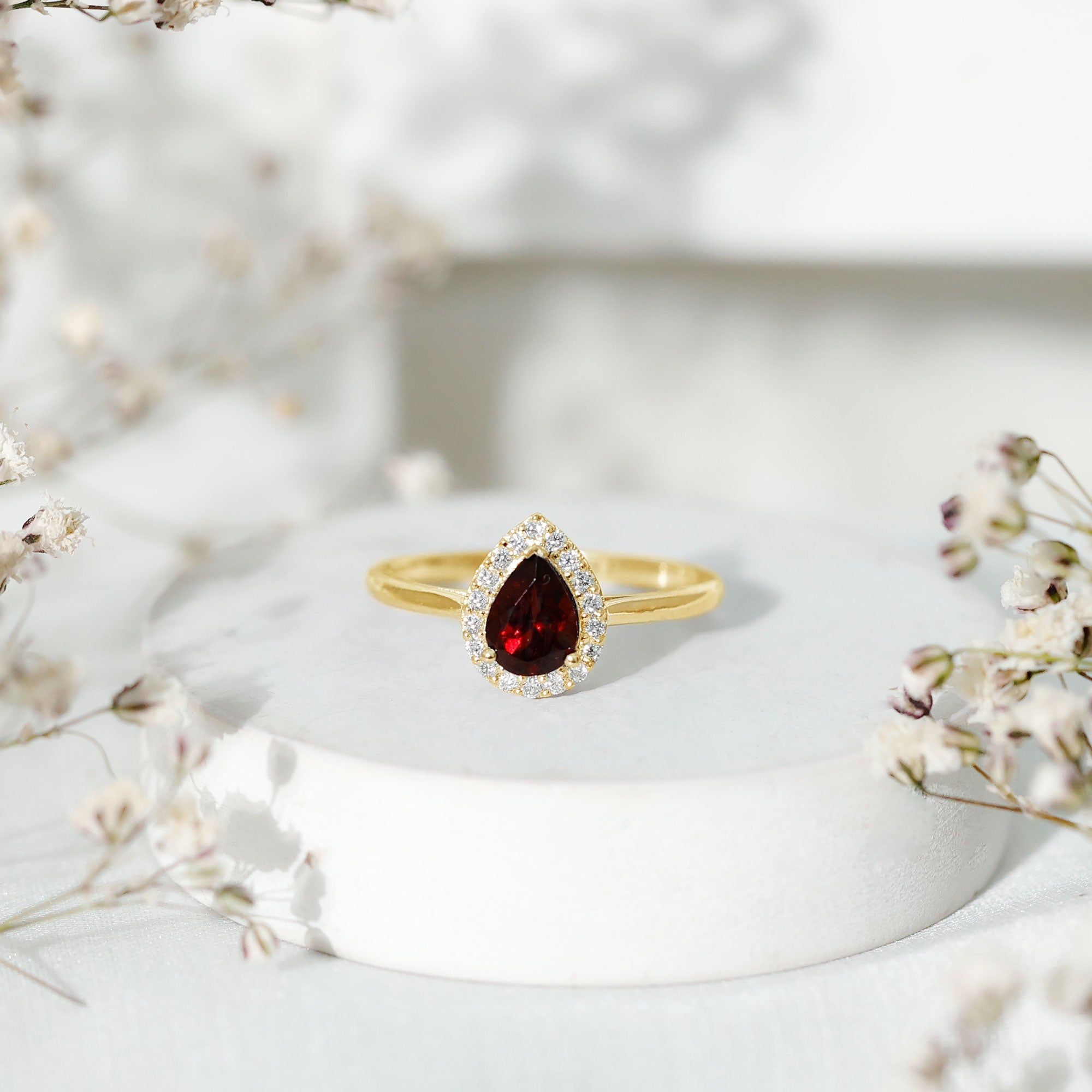 Classic Garnet Teardrop Engagement Ring with Diamond Halo AAA - Rosec Jewels
