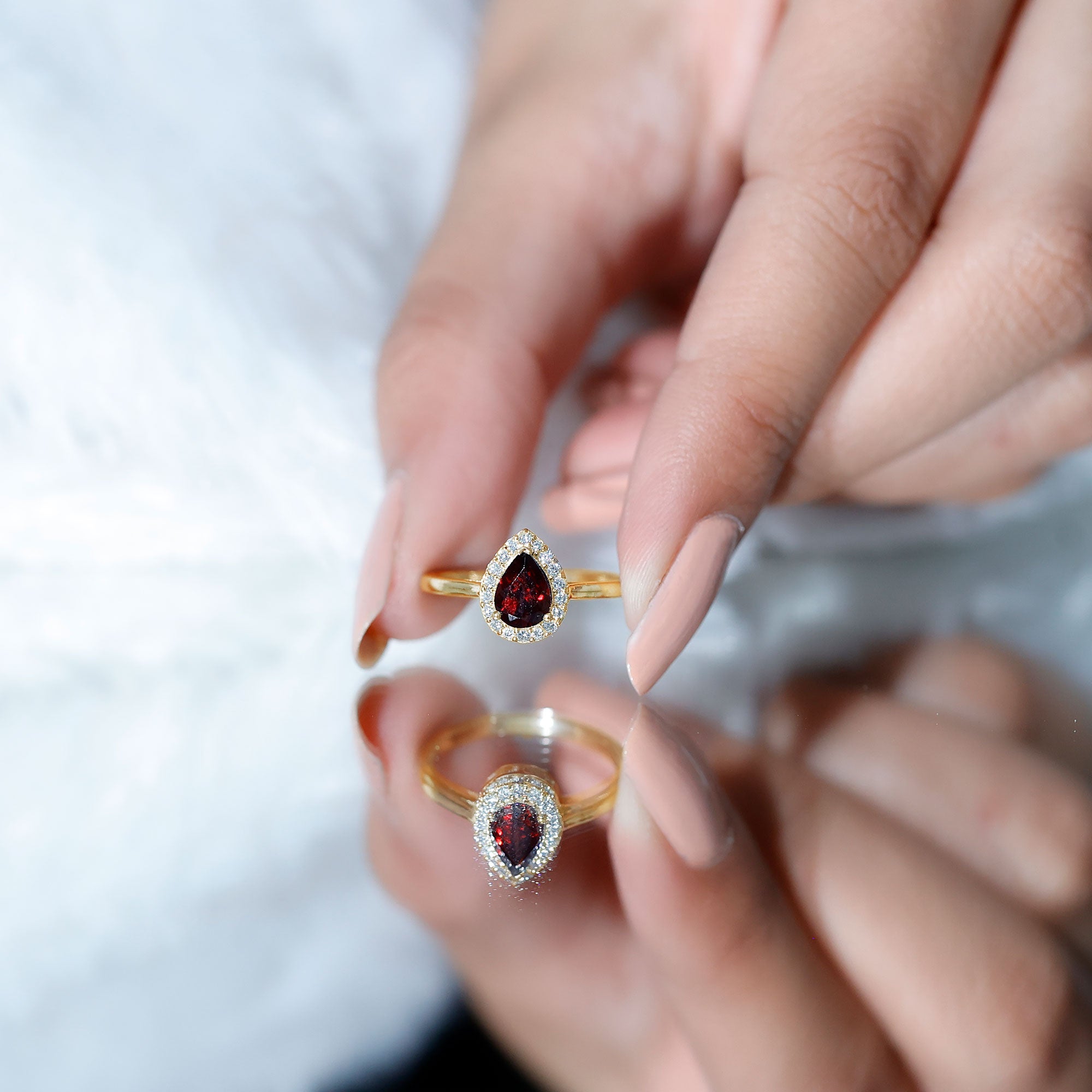 Classic Garnet Teardrop Engagement Ring with Diamond Halo AAA - Rosec Jewels