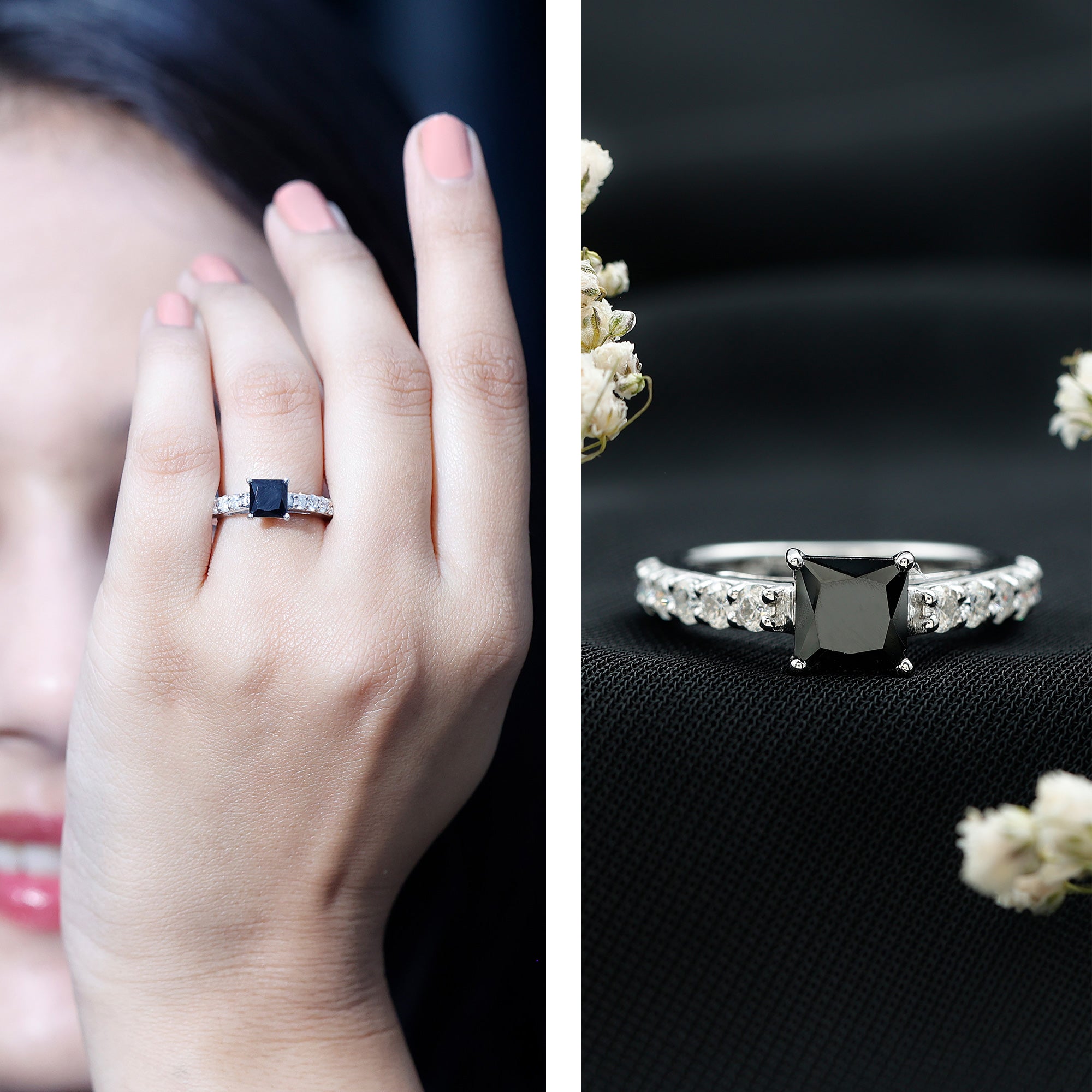 Certified 1 Carat Lab Grown Black Diamond Princess Cut Engagement Ring with Moissanite AAAA ( Synthetic ) - Rosec Jewels