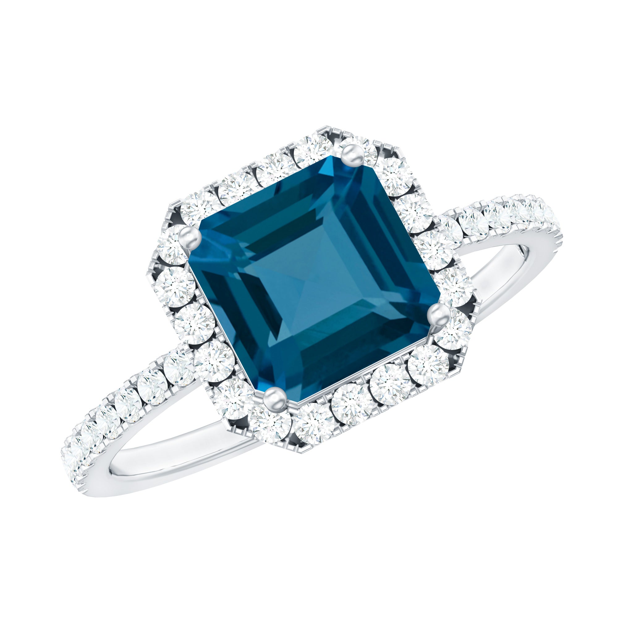 8mm Asscher Cut London Blue Topaz Vintage Engagement Ring with Diamond Halo AAA - Rosec Jewels