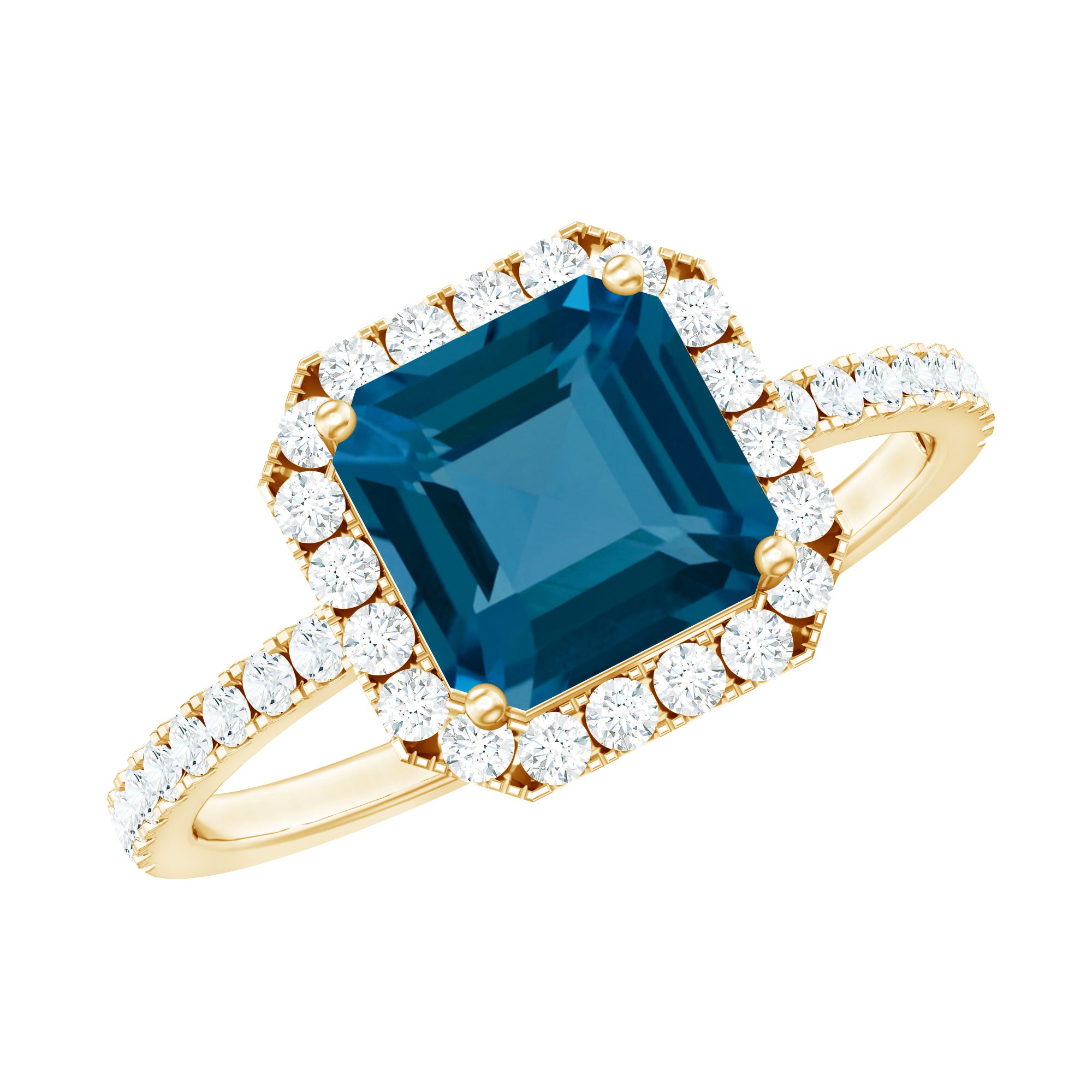 8mm Asscher Cut London Blue Topaz Vintage Engagement Ring with Diamond Halo AAA - Rosec Jewels