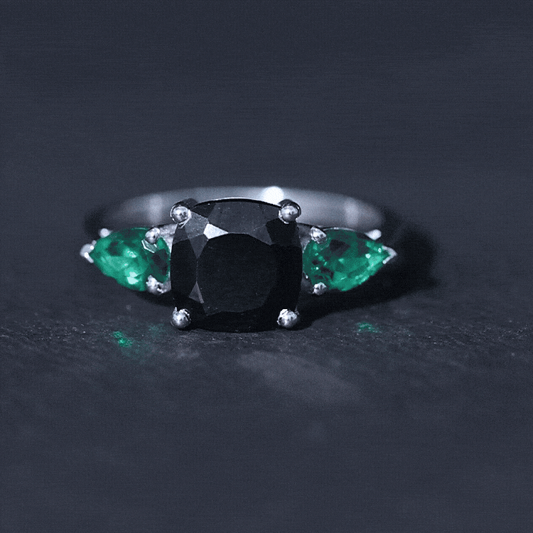 Certified Lab Grown Black Diamond 3 Stone Engagement Ring with Emerald AAAA ( Synthetic ) - Rosec Jewels
