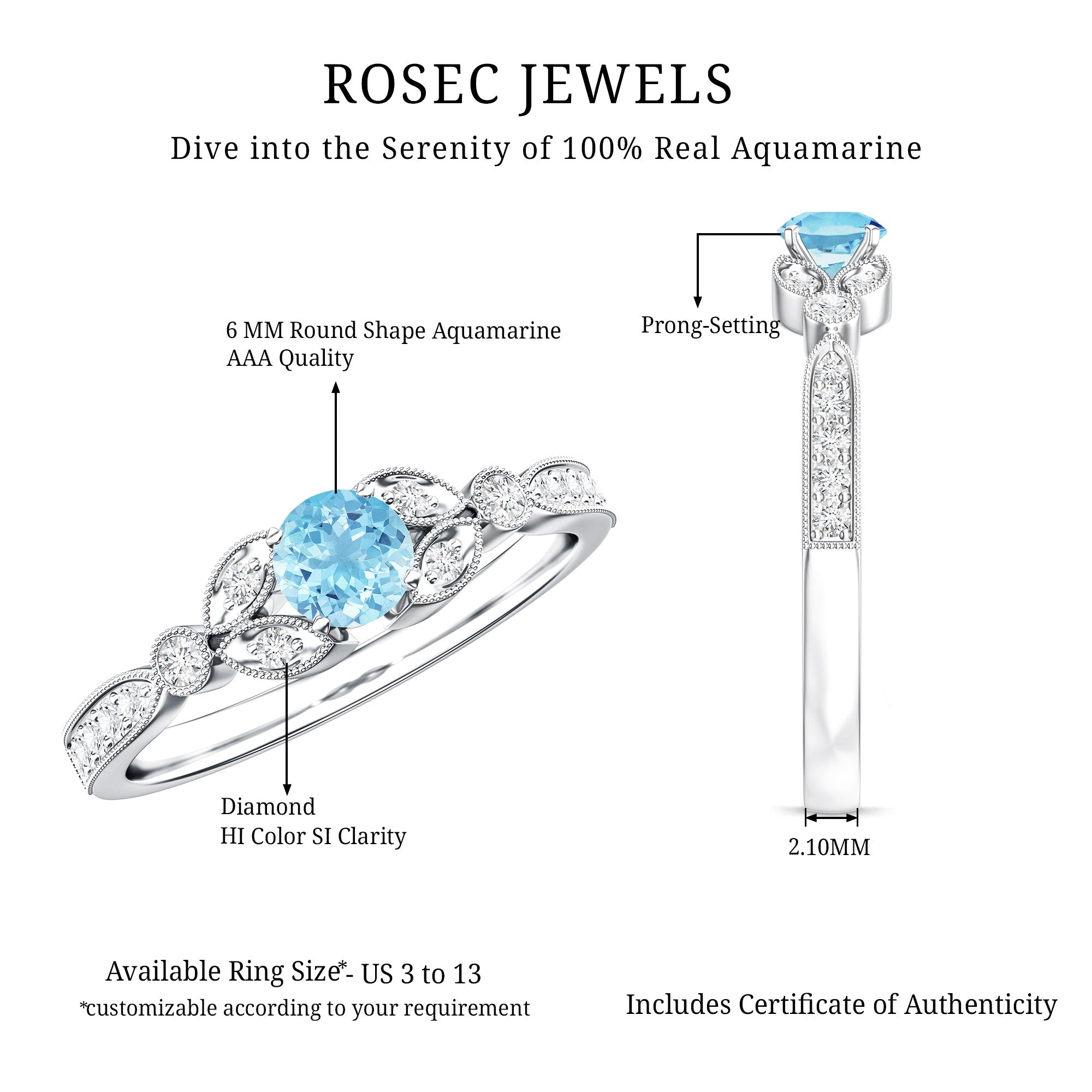Natural Aquamarine Diamond Engagement Ring With Certificate AAA - Rosec Jewels