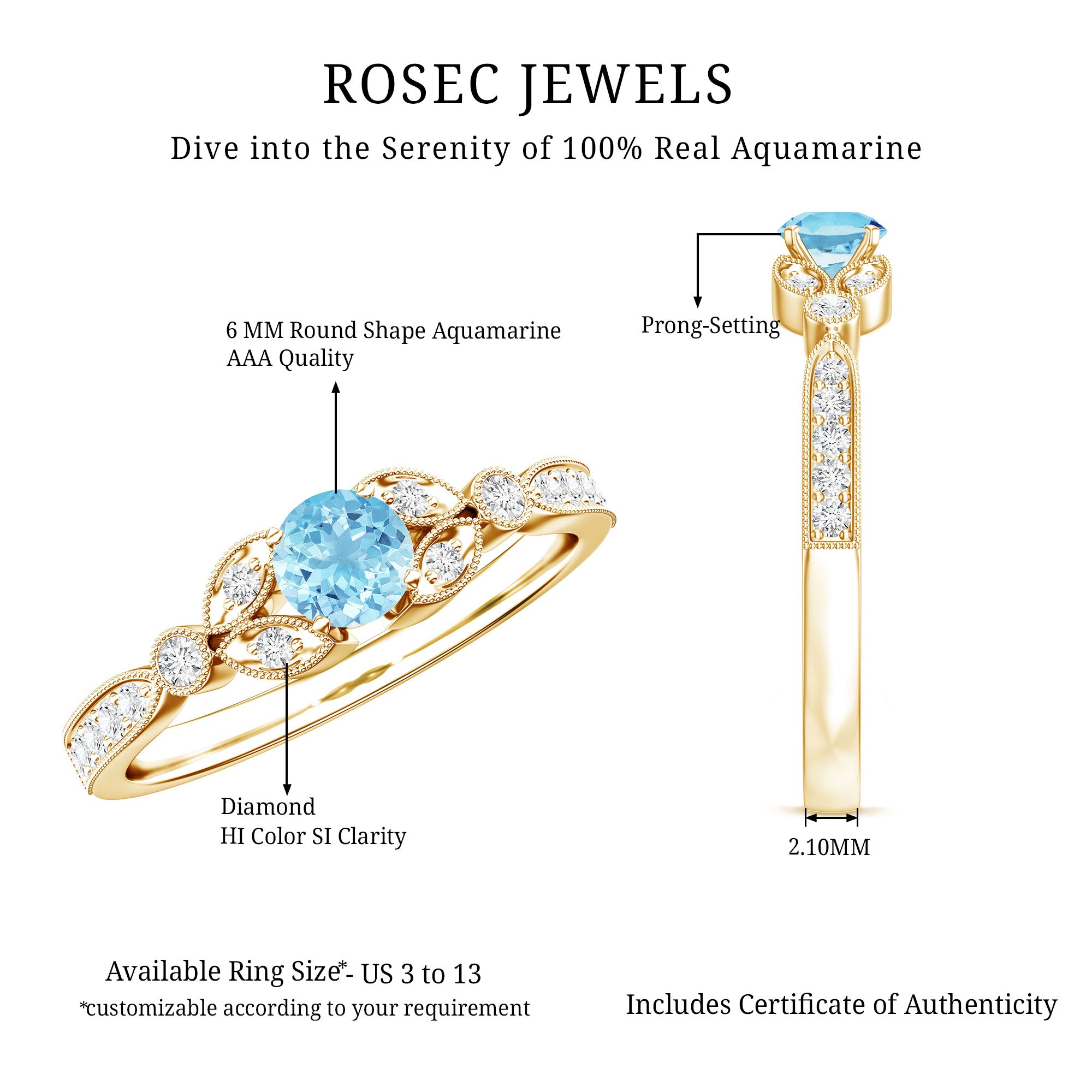 Natural Aquamarine Diamond Engagement Ring With Certificate AAA - Rosec Jewels