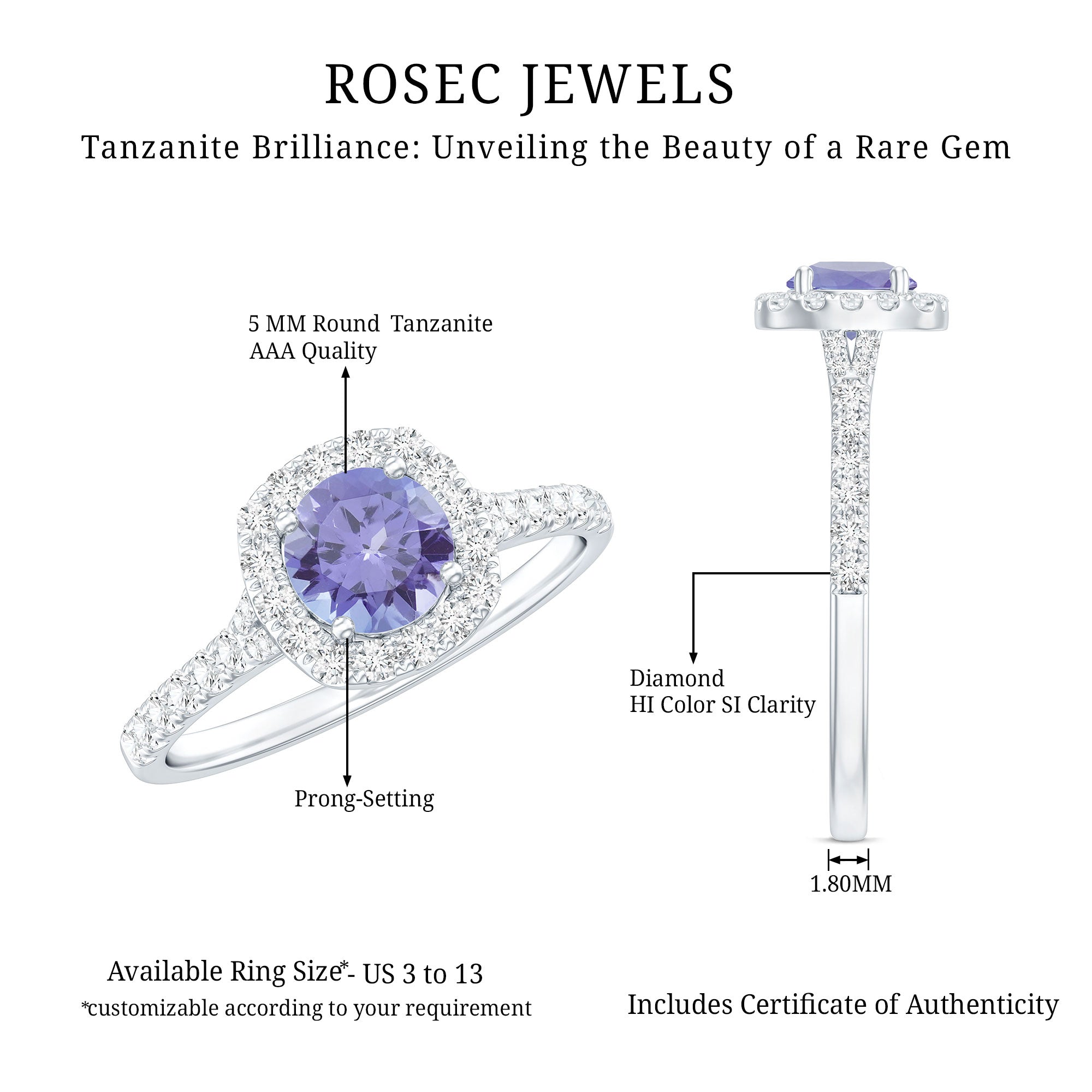 Genuine Tanzanite Halo Engagement Ring with Diamond AAA - Rosec Jewels