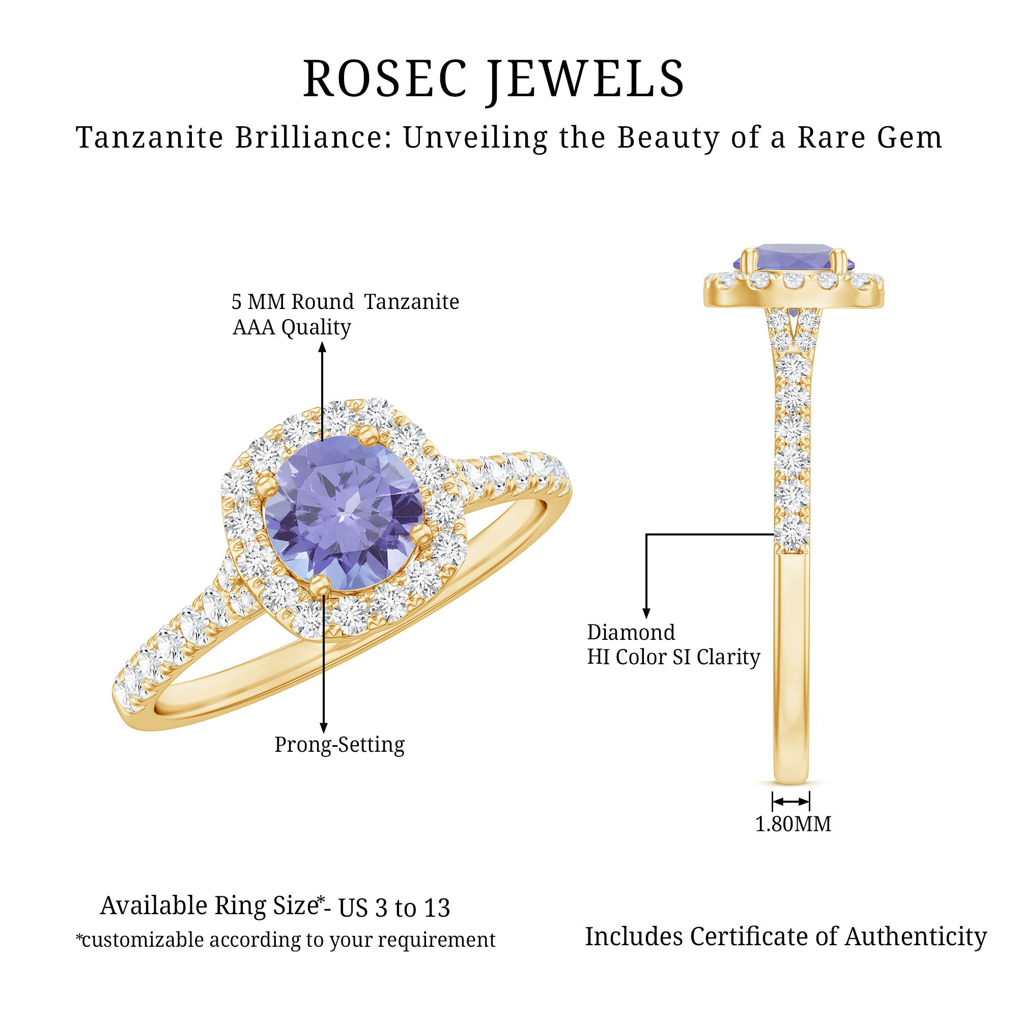 Genuine Tanzanite Halo Engagement Ring with Diamond AAA - Rosec Jewels