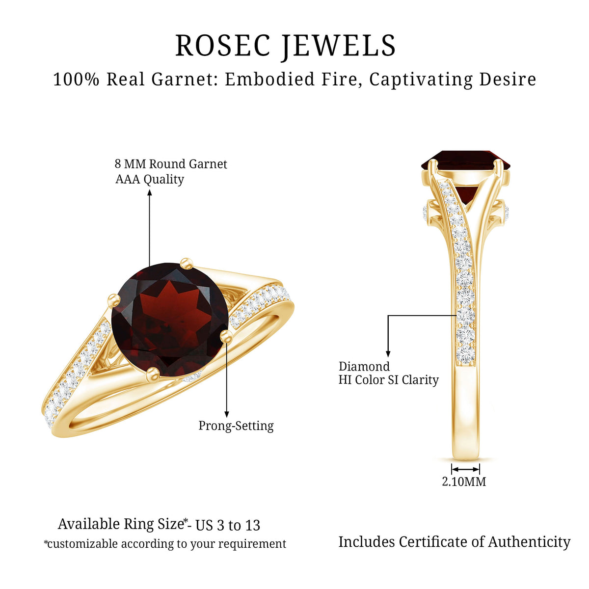 Natural Garnet Solitaire Engagement Ring with Diamond Split Shank AAA - Rosec Jewels