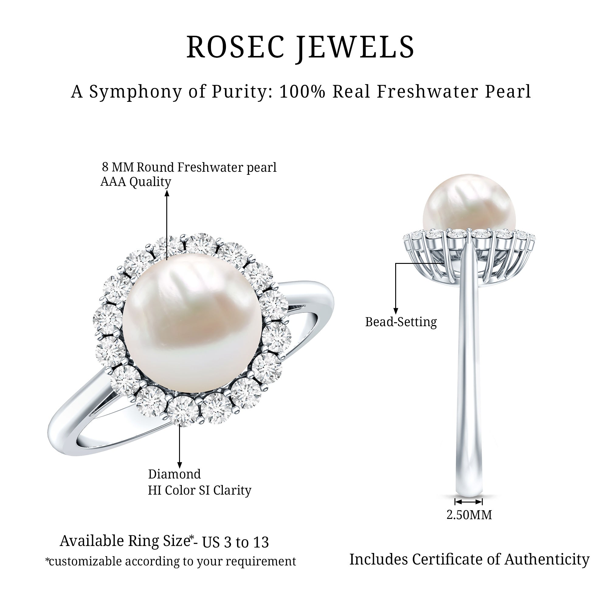 Rosec Jewels-Real 7.4 Carat Freshwater Pearl Engagement Ring with Diamond Halo