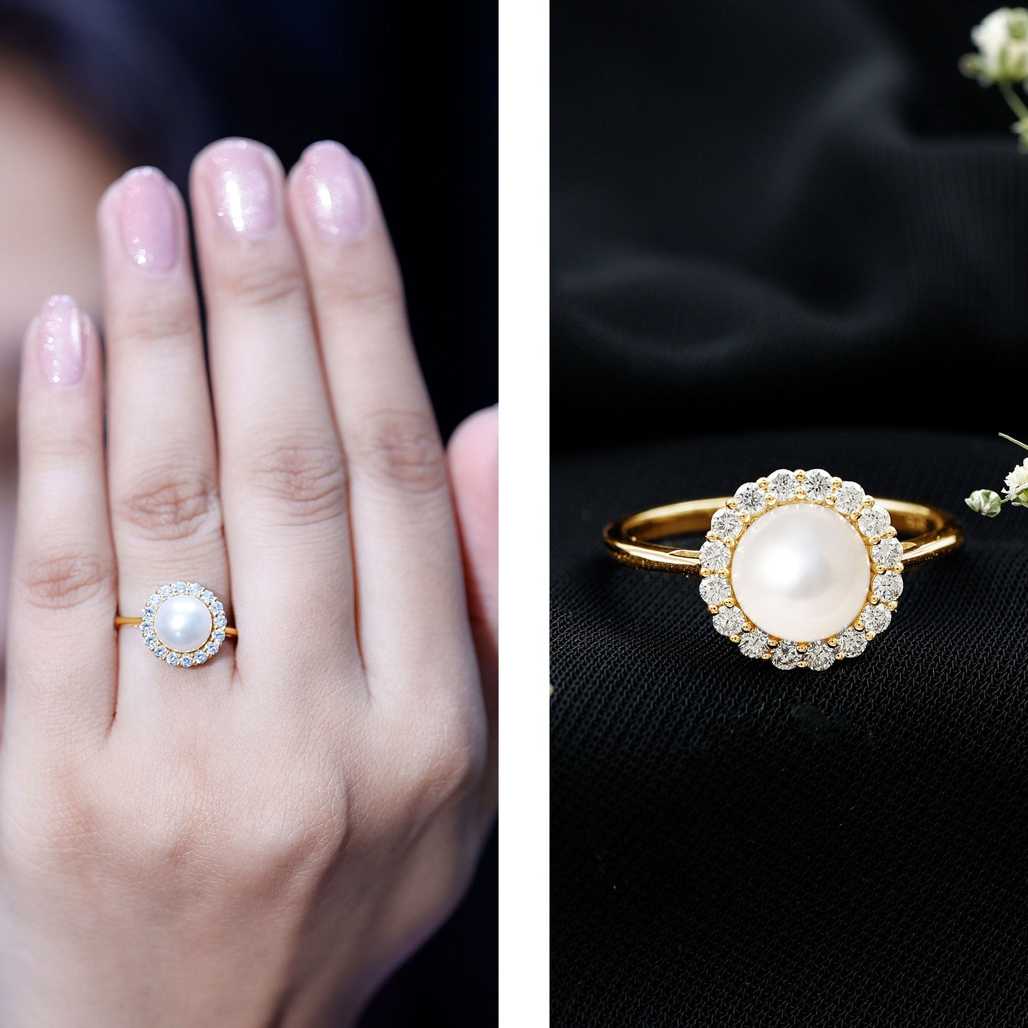 Real 7.4 Carat Freshwater Pearl Engagement Ring with Diamond Halo AAA - Rosec Jewels
