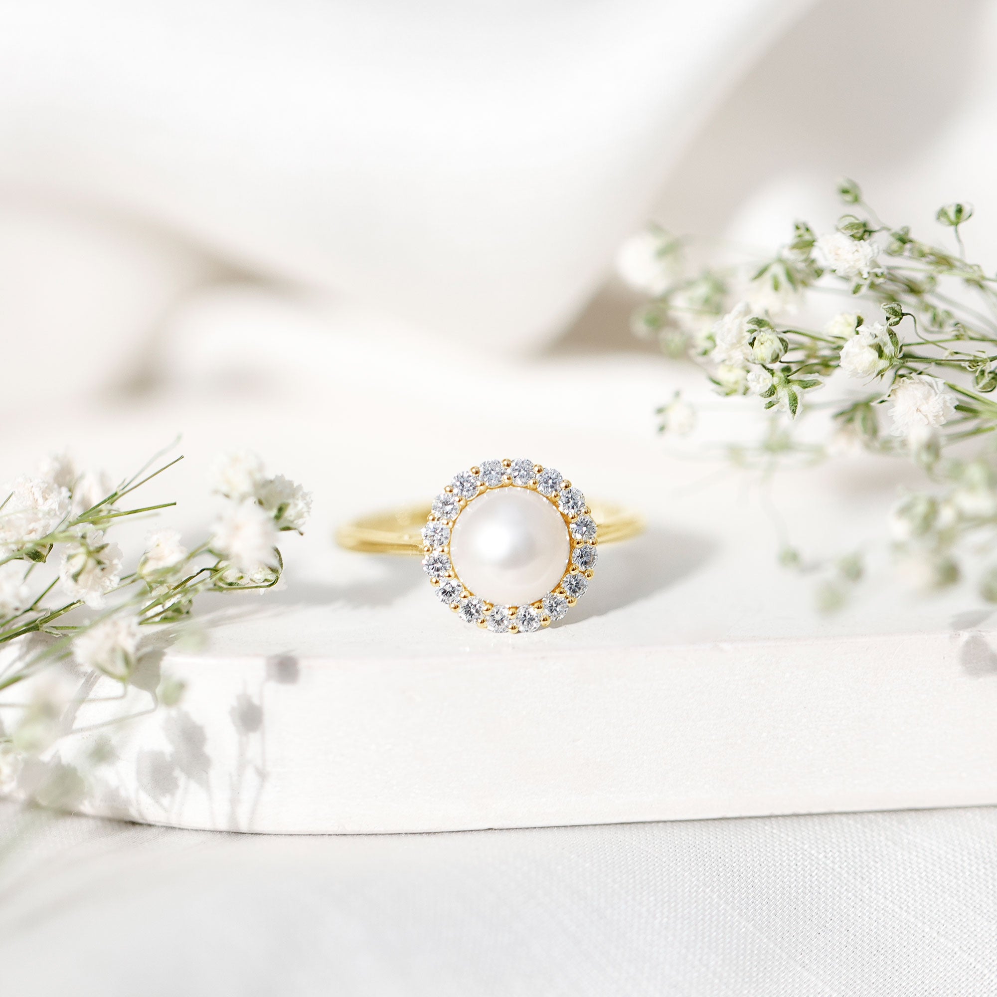 Real 7.4 Carat Freshwater Pearl Engagement Ring with Diamond Halo AAA - Rosec Jewels