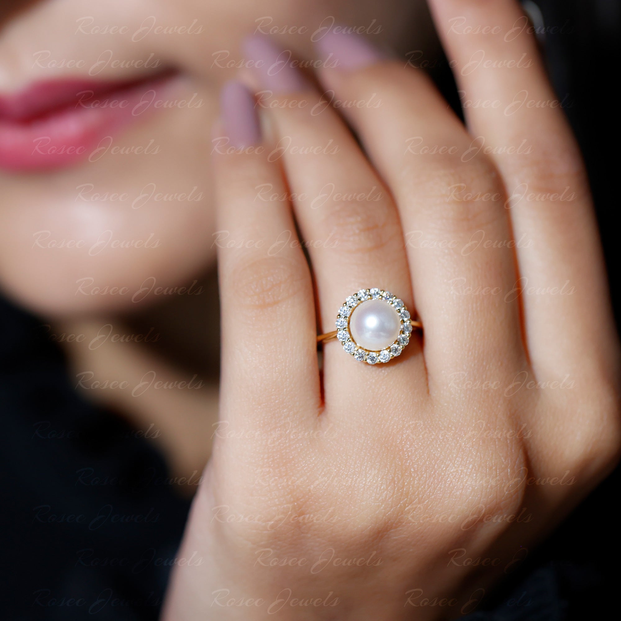 Rosec Jewels-Real 7.4 Carat Freshwater Pearl Engagement Ring with Diamond Halo