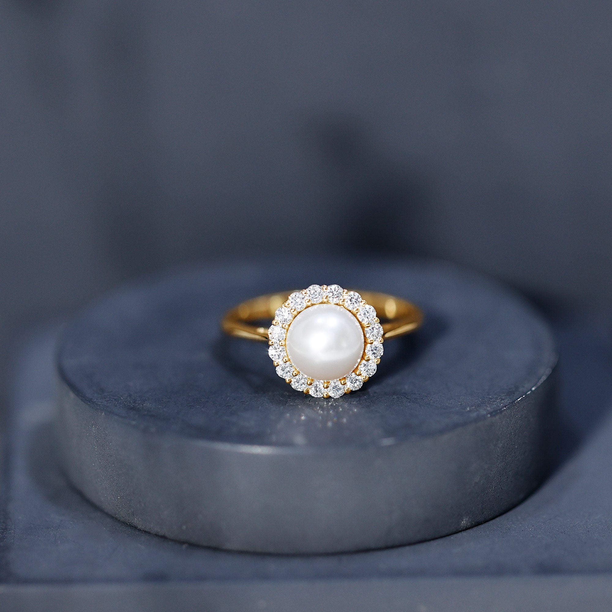 Real 7.4 Carat Freshwater Pearl Engagement Ring with Diamond Halo AAA - Rosec Jewels