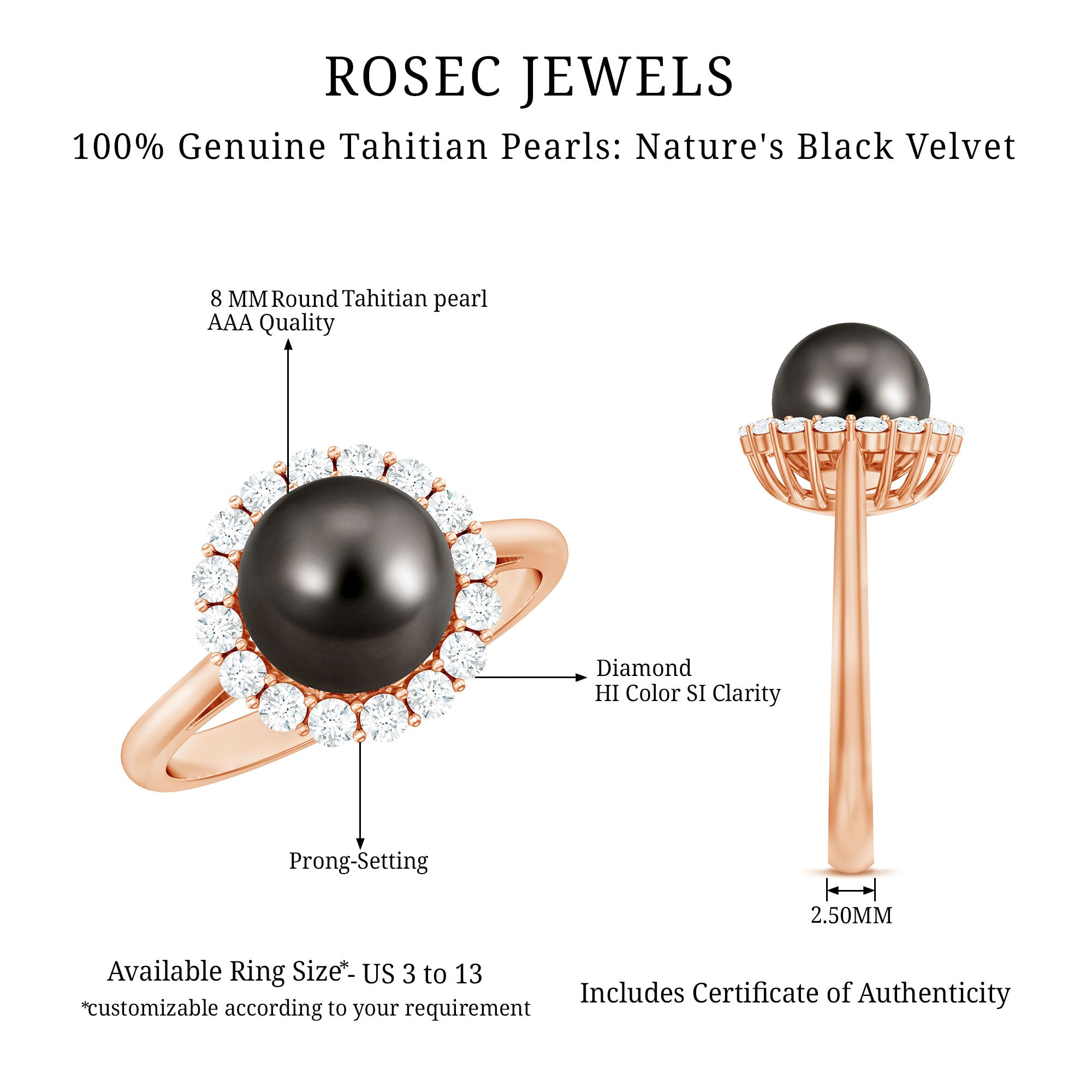 Natural Tahitian Pearl and Diamond Halo Engagement Ring AAA - Rosec Jewels