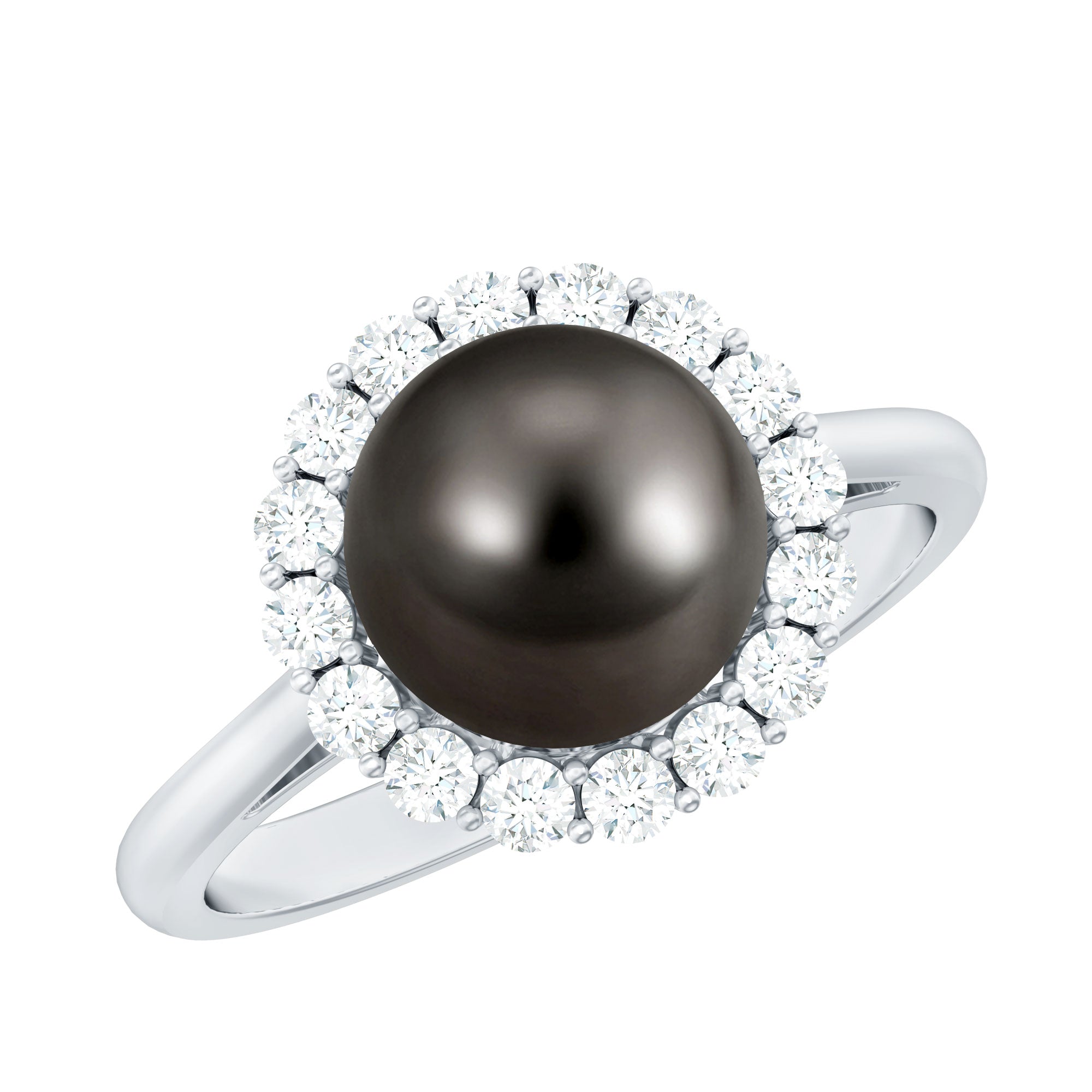 Natural Tahitian Pearl and Diamond Halo Engagement Ring AAA - Rosec Jewels